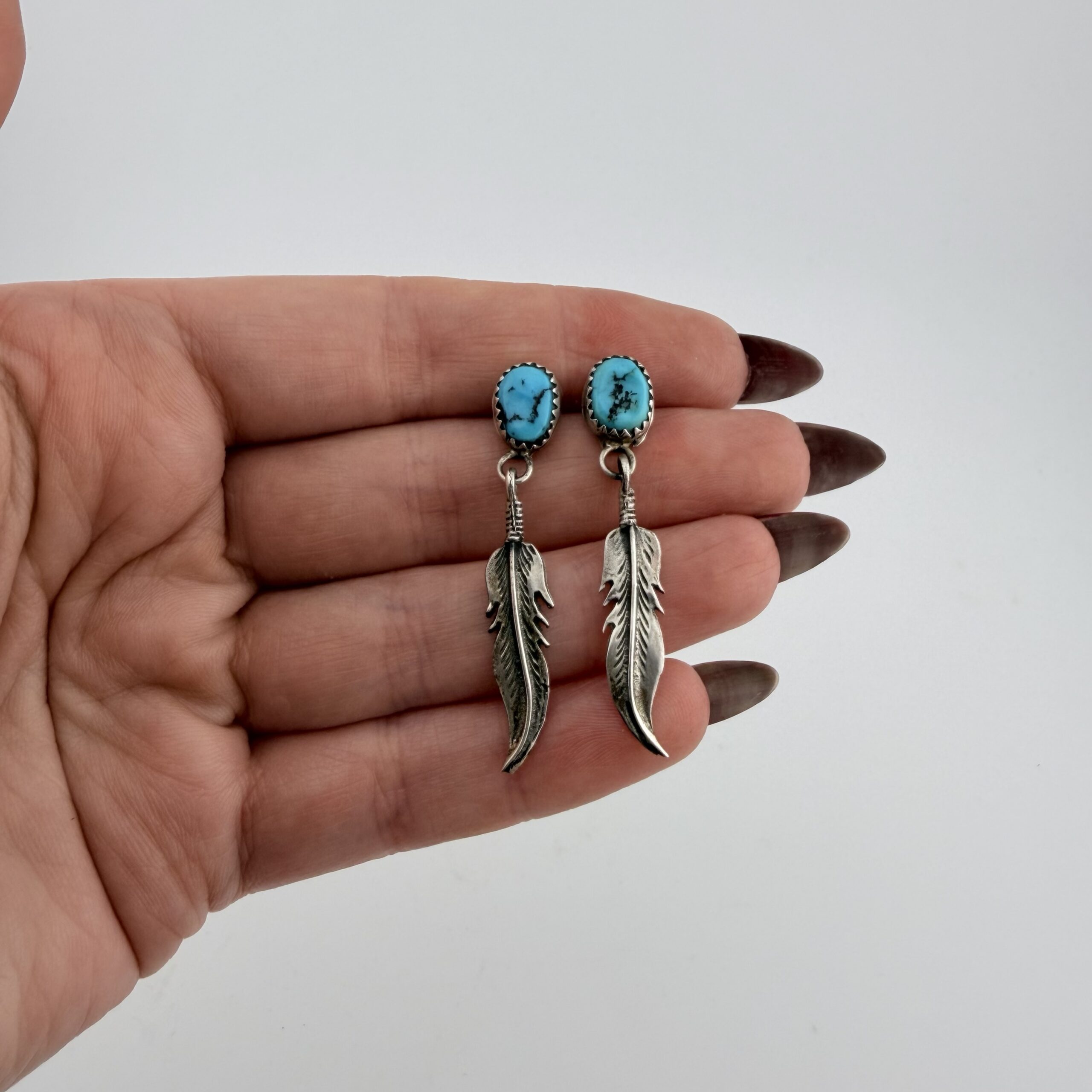 Vintage Native American Sterling Silver and Turquoise Feather Earrings - Image 2