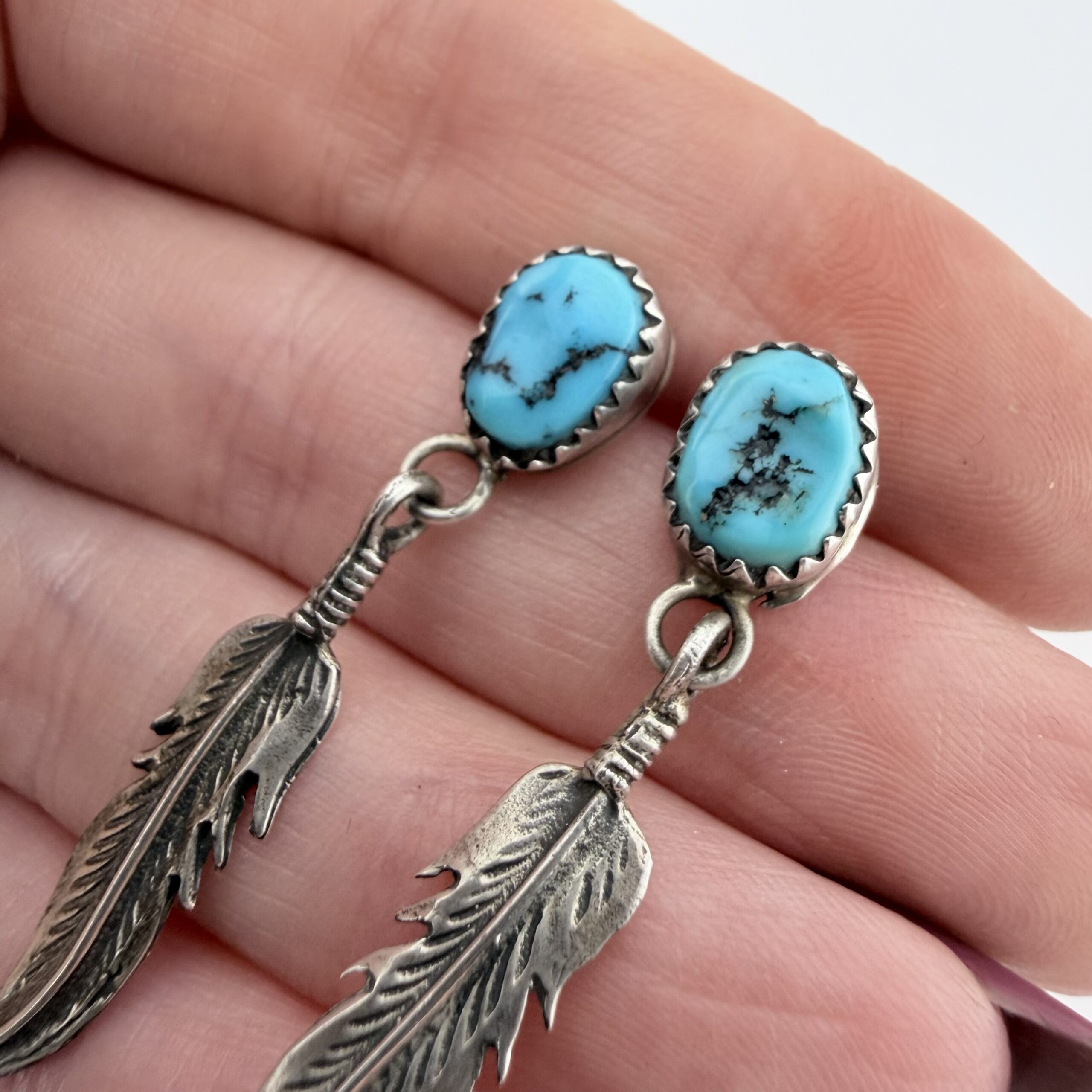 Vintage Native American Sterling Silver and Turquoise Feather Earrings - Image 3