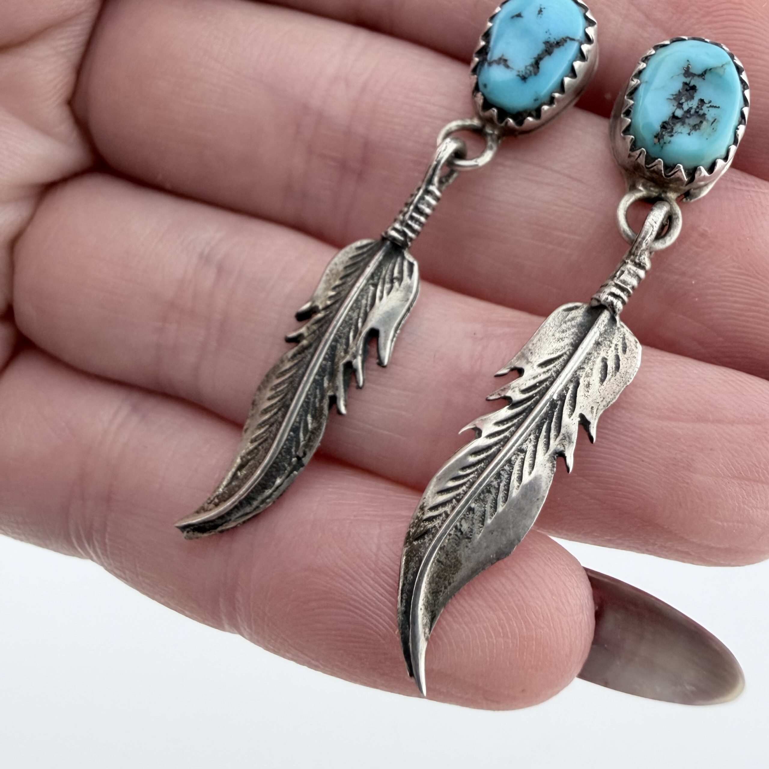 Vintage Native American Sterling Silver and Turquoise Feather Earrings - Image 4