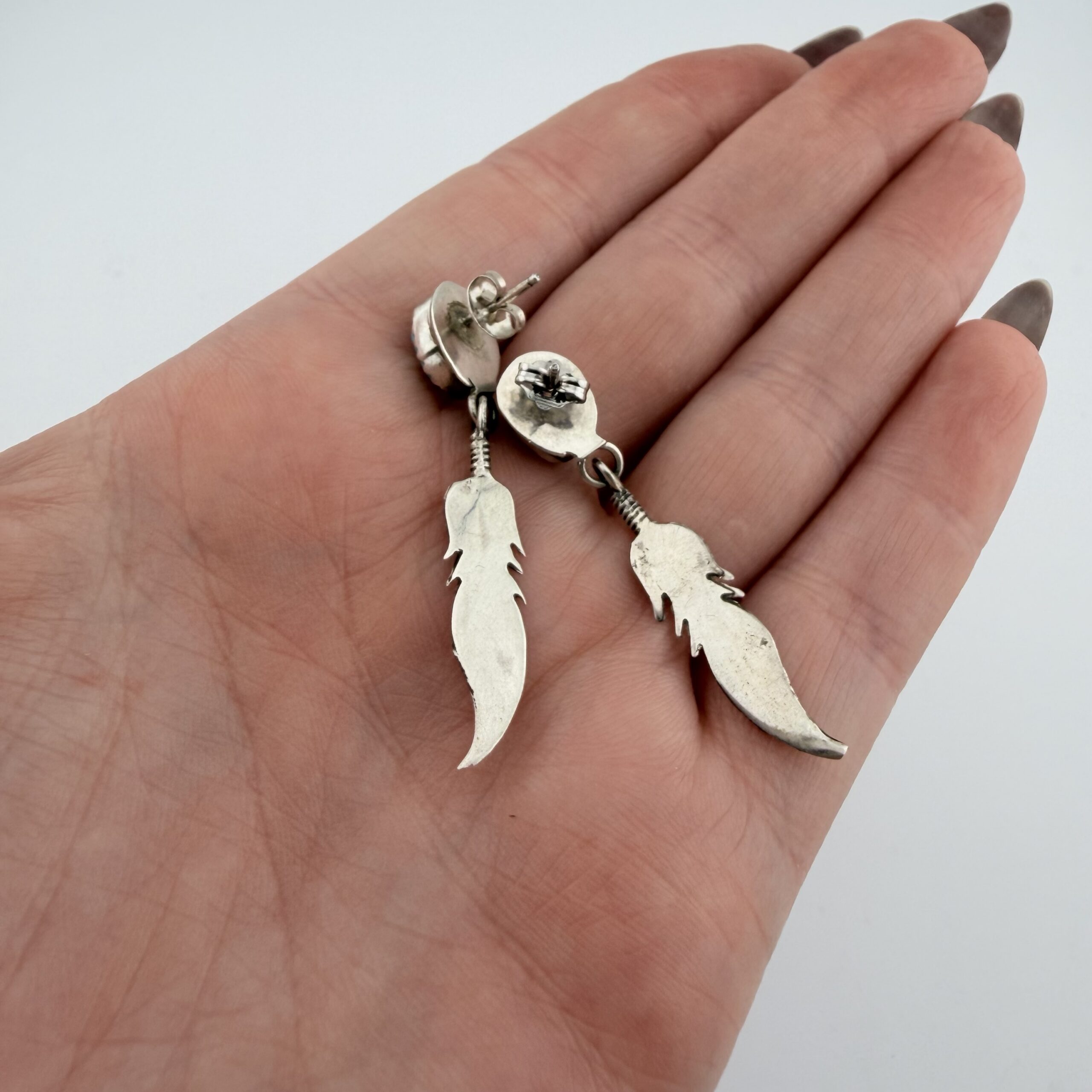 Vintage Native American Sterling Silver and Turquoise Feather Earrings - Image 5