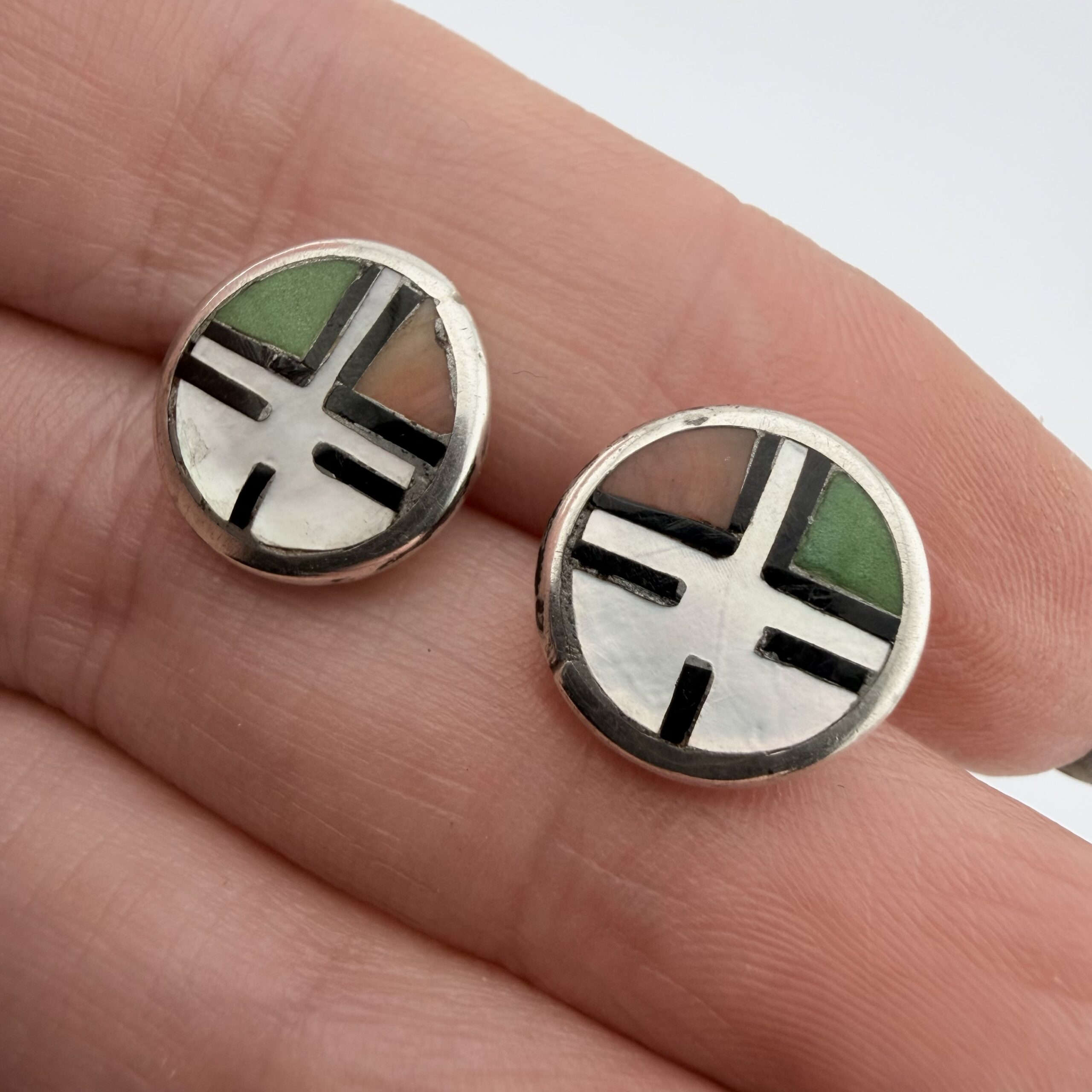 Vintage Native American Sterling Silver Zuni Zia Sunface Earrings