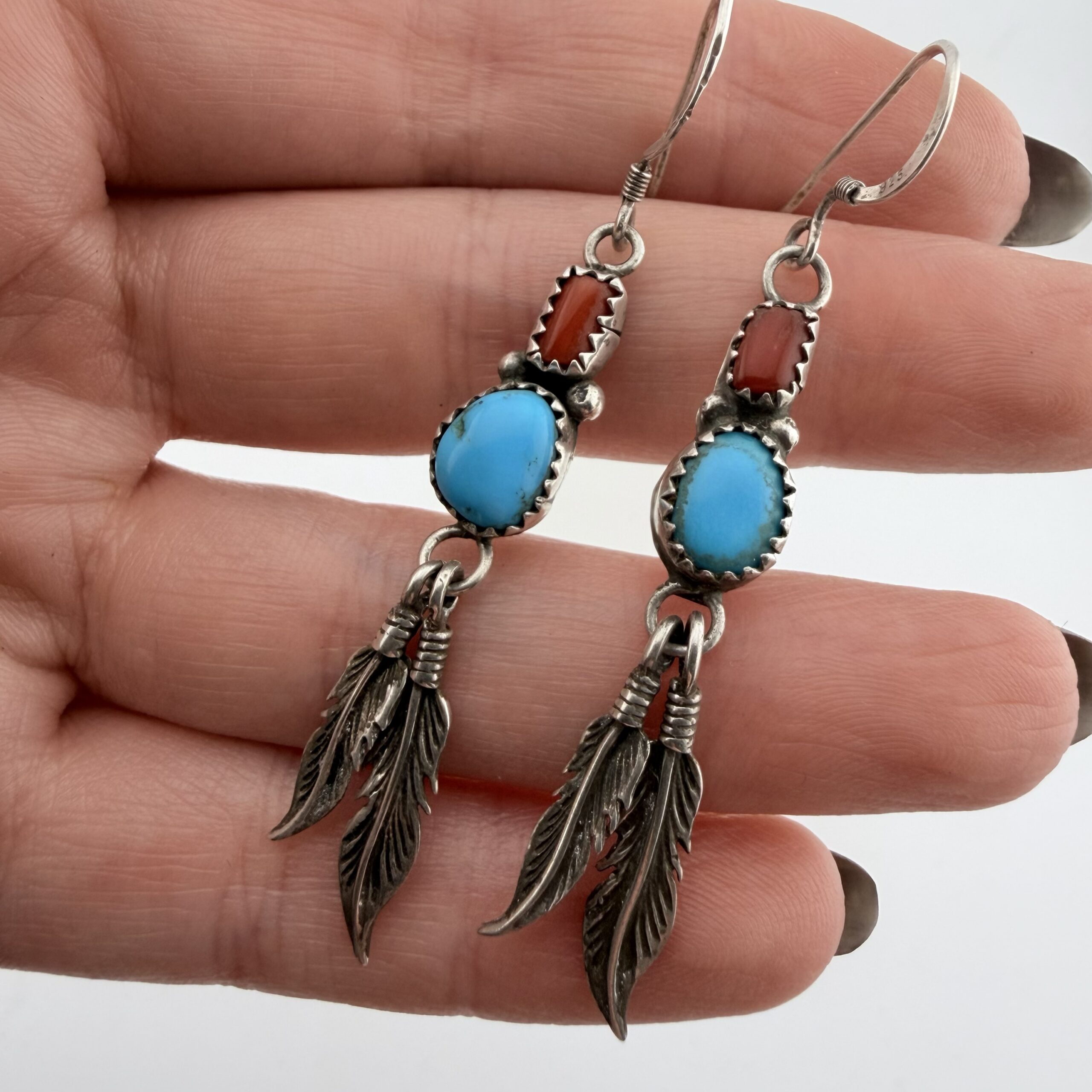 Vintage Native American Sterling Silver, Turquoise and Coral Feather Earrings
