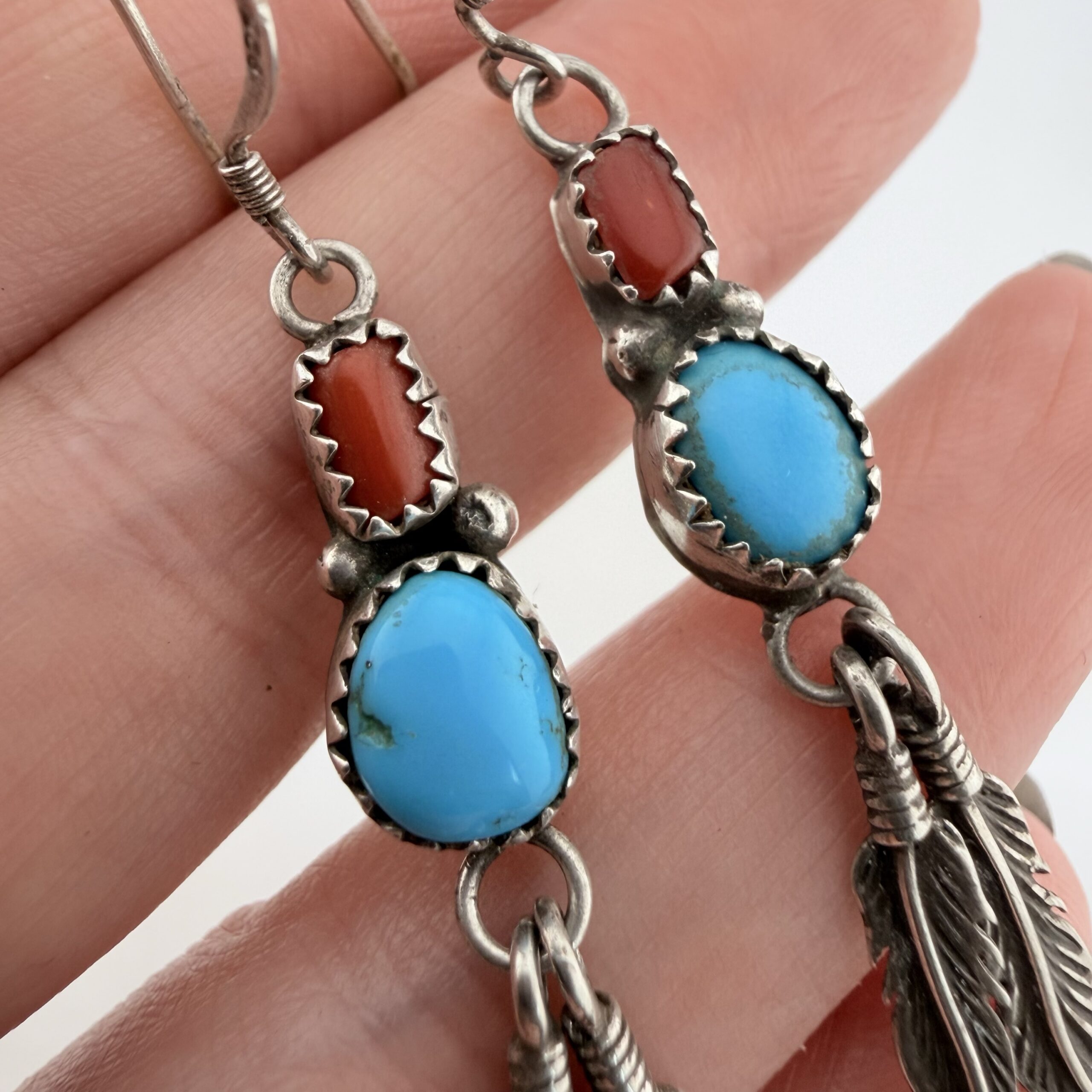 Vintage Native American Sterling Silver, Turquoise and Coral Feather Earrings - Image 2