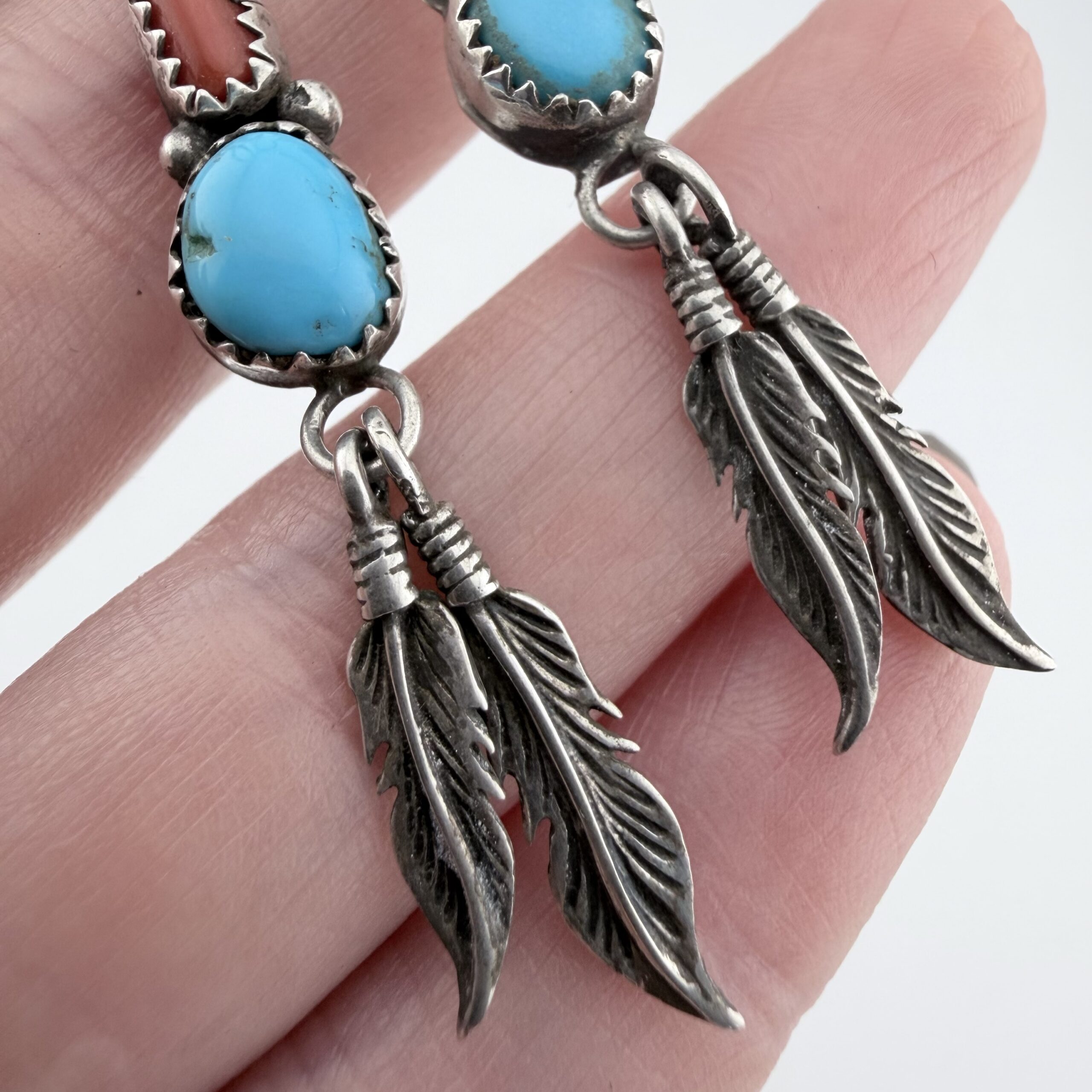 Vintage Native American Sterling Silver, Turquoise and Coral Feather Earrings - Image 3