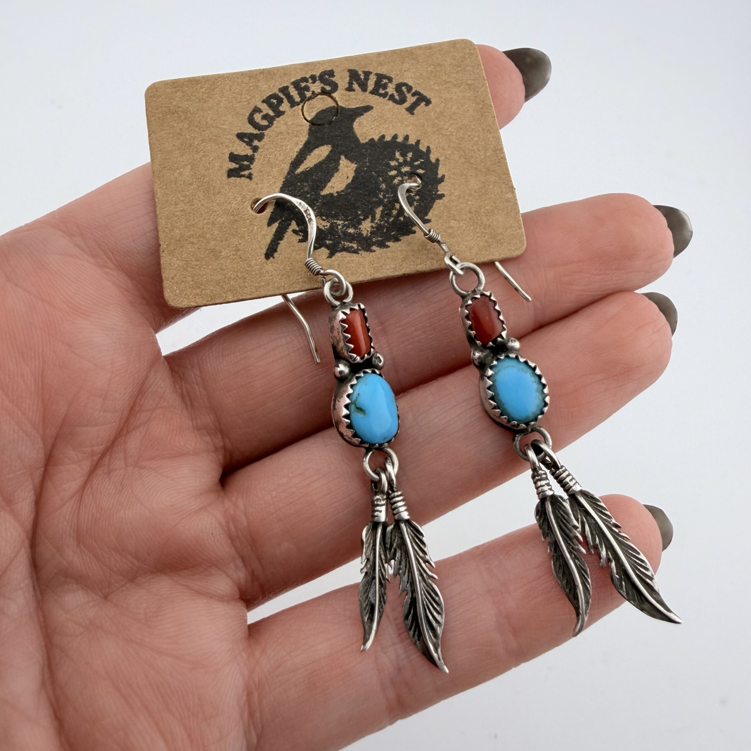 Vintage Native American Sterling Silver, Turquoise and Coral Feather Earrings - Image 6