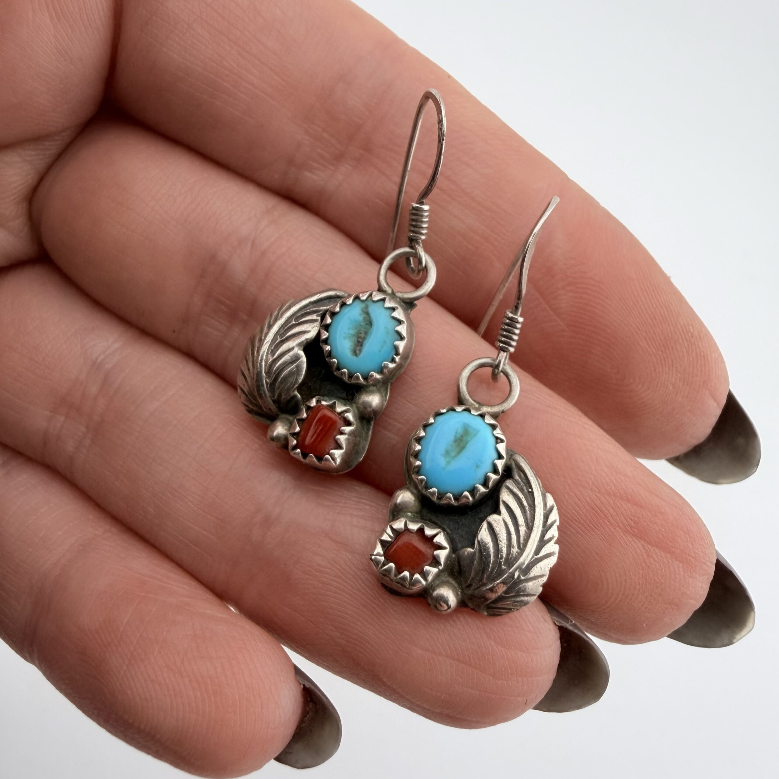 Vintage Native American Sterling Silver, Turquoise and Coral Feather Earrings