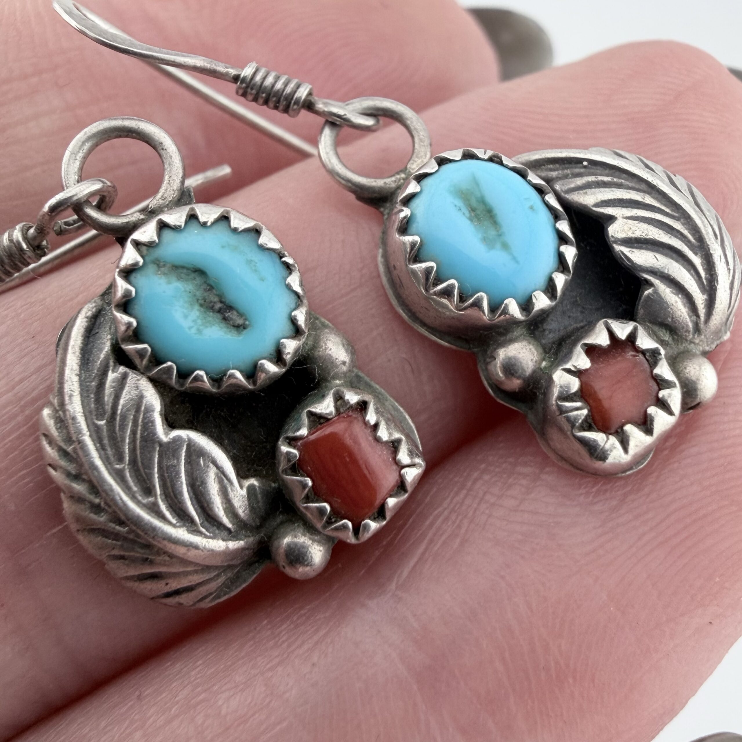 Vintage Native American Sterling Silver, Turquoise and Coral Feather Earrings - Image 2
