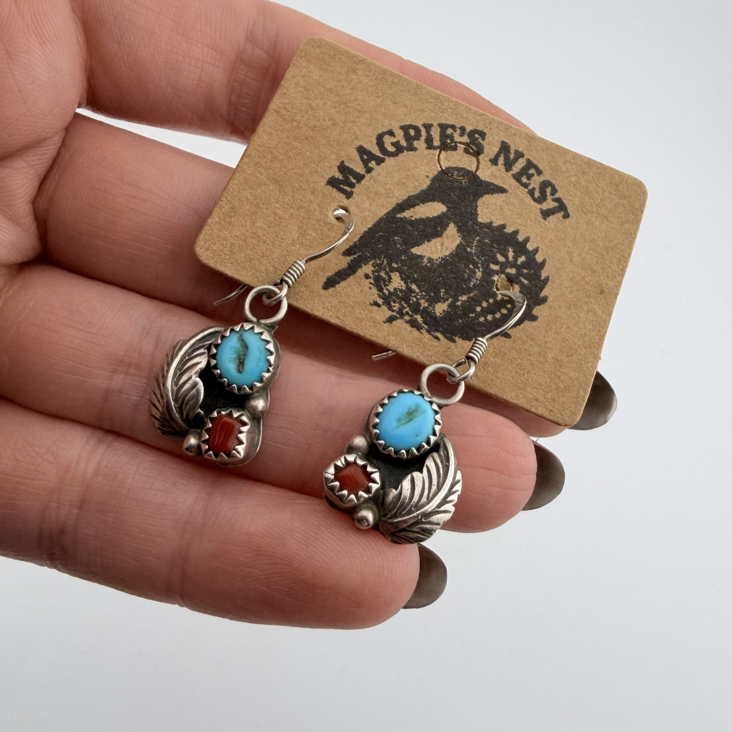 Vintage Native American Sterling Silver, Turquoise and Coral Feather Earrings - Image 5