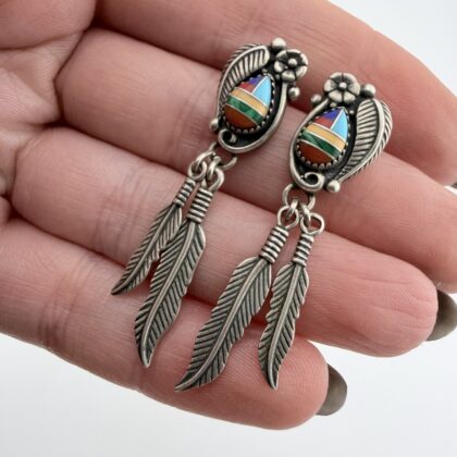 Vintage Wheeler Manufacturing Native American Sterling Silver and Mixed Gemstone Inlay Earrings