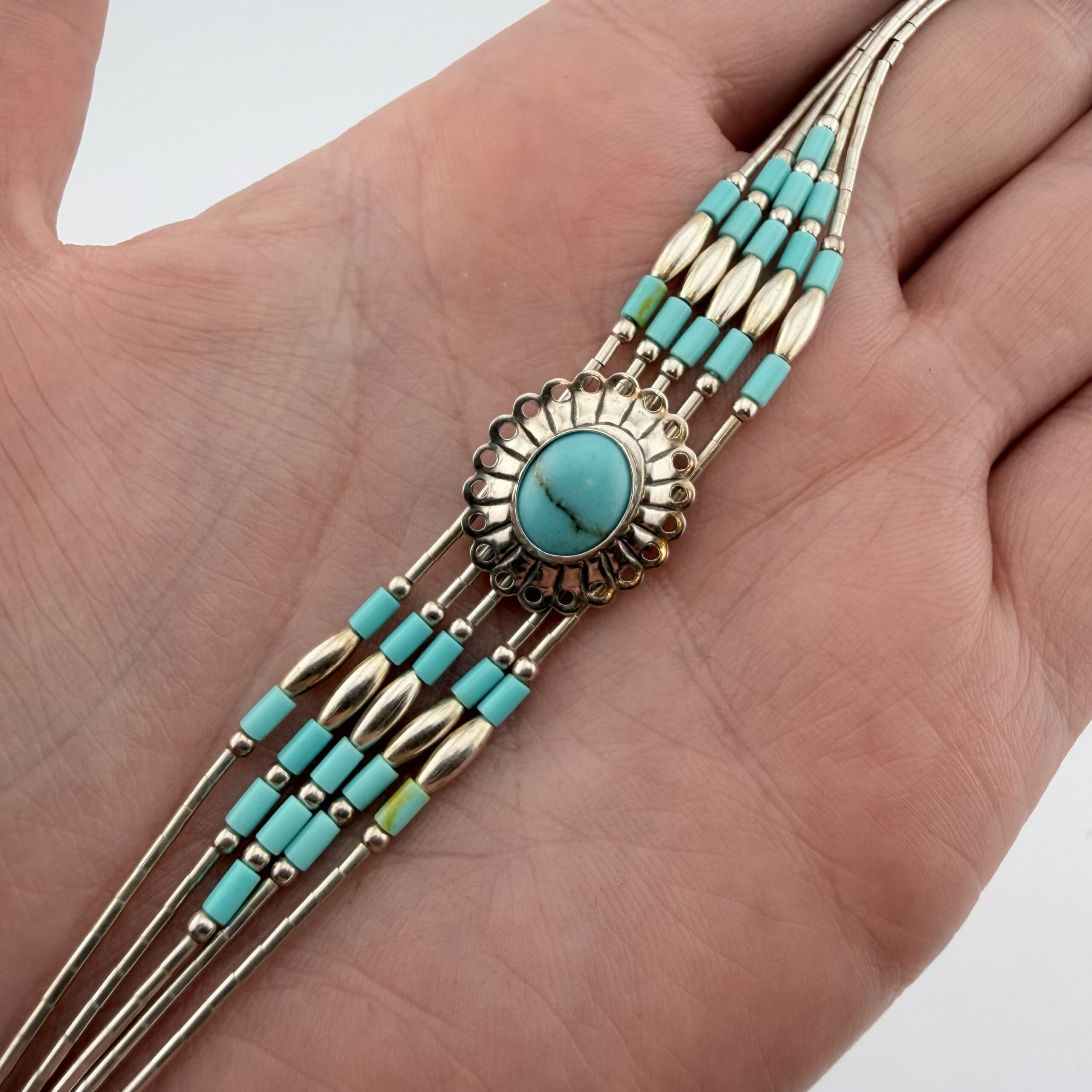 Native American Liquid Sterling Silver and Turquoise Concho Bracelet - Image 3
