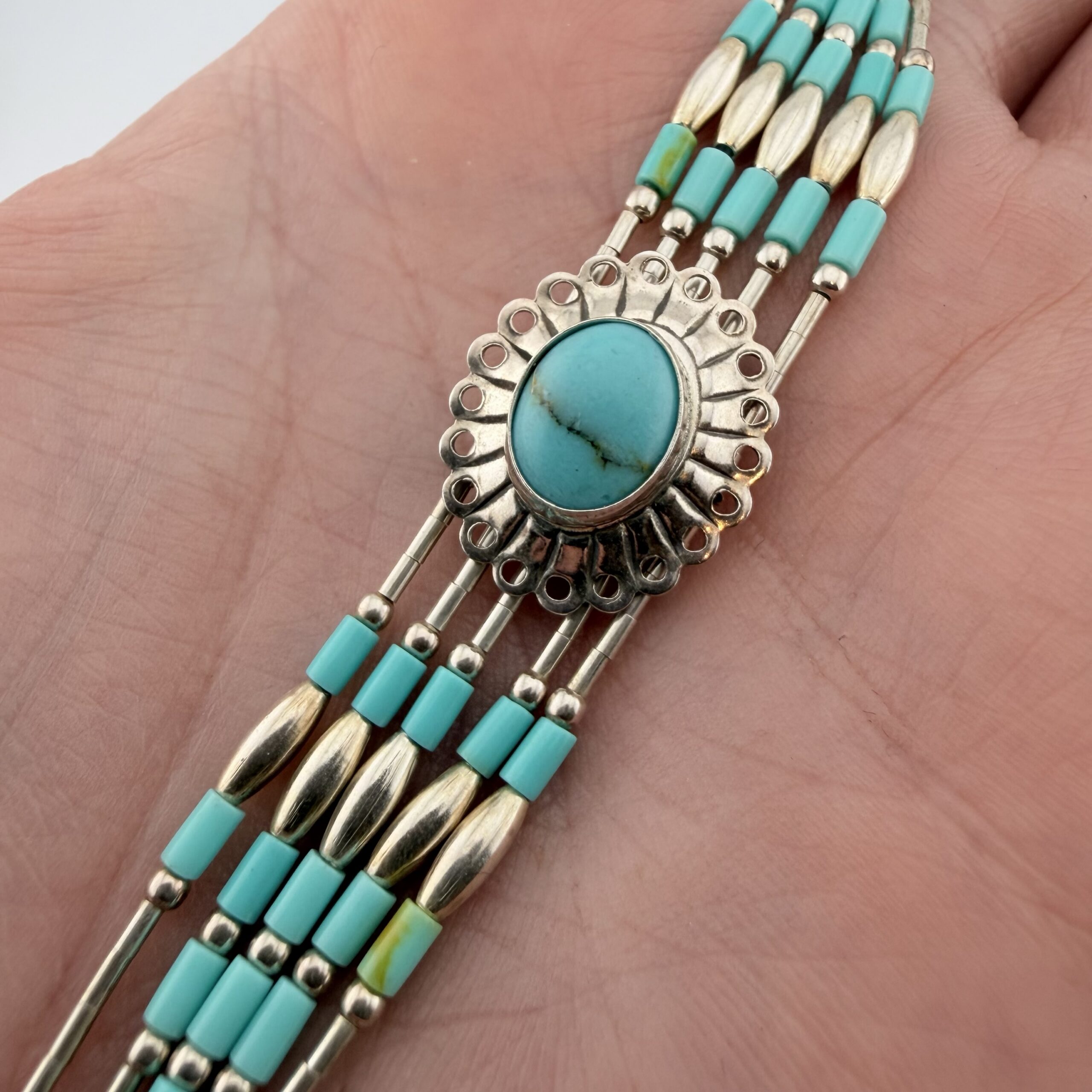 Native American Liquid Sterling Silver and Turquoise Concho Bracelet - Image 5