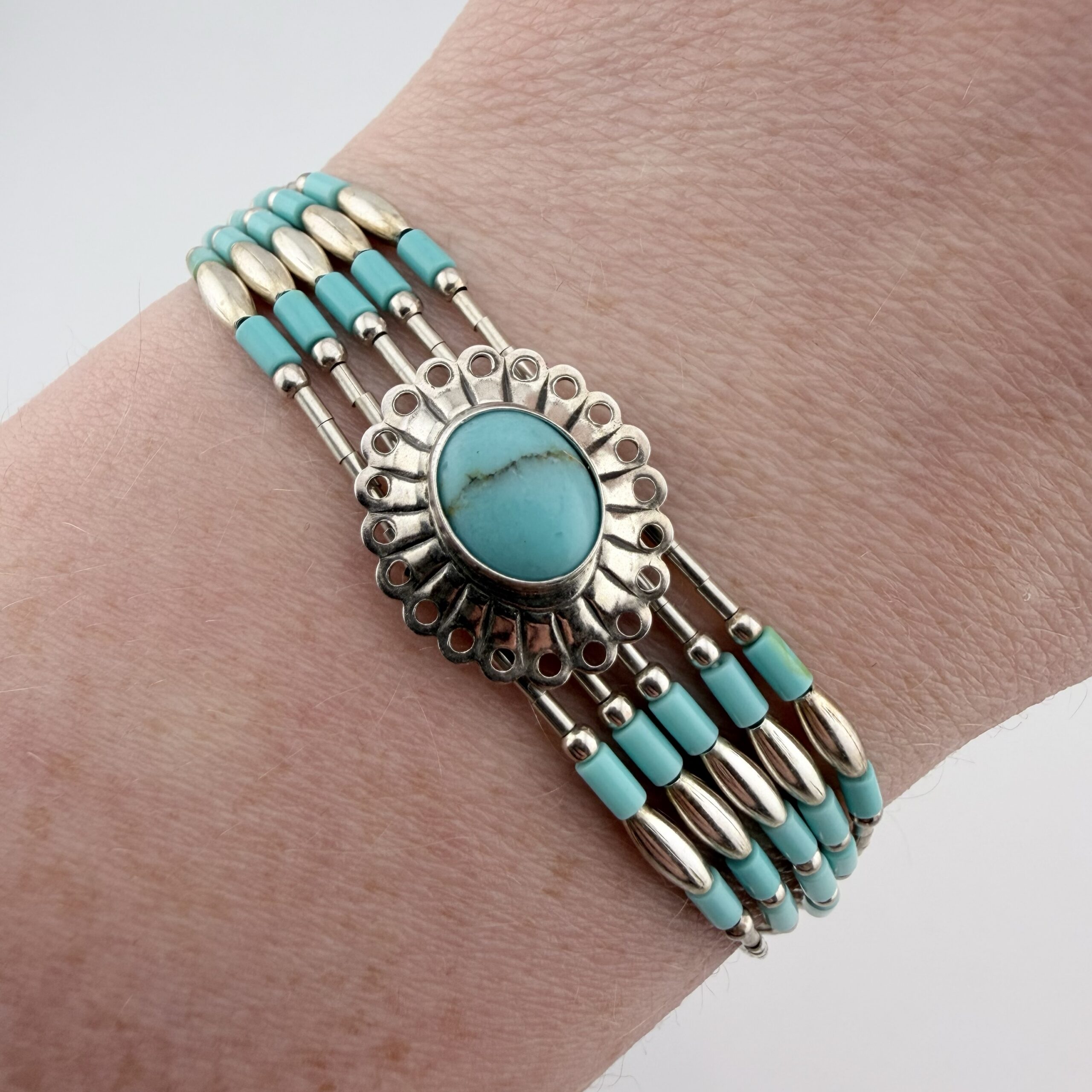 Native American Liquid Sterling Silver and Turquoise Concho Bracelet - Image 6