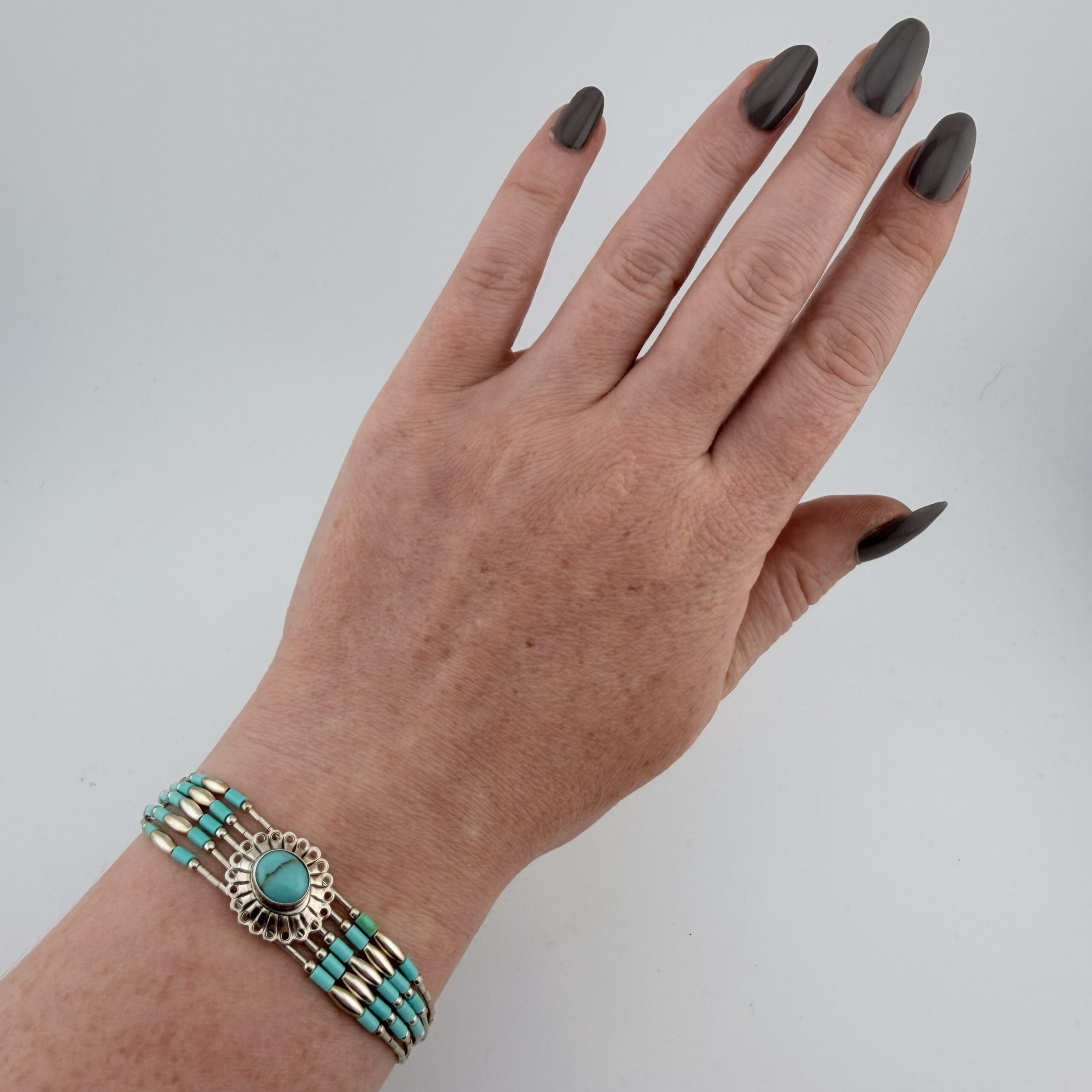Native American Liquid Sterling Silver and Turquoise Concho Bracelet - Image 7
