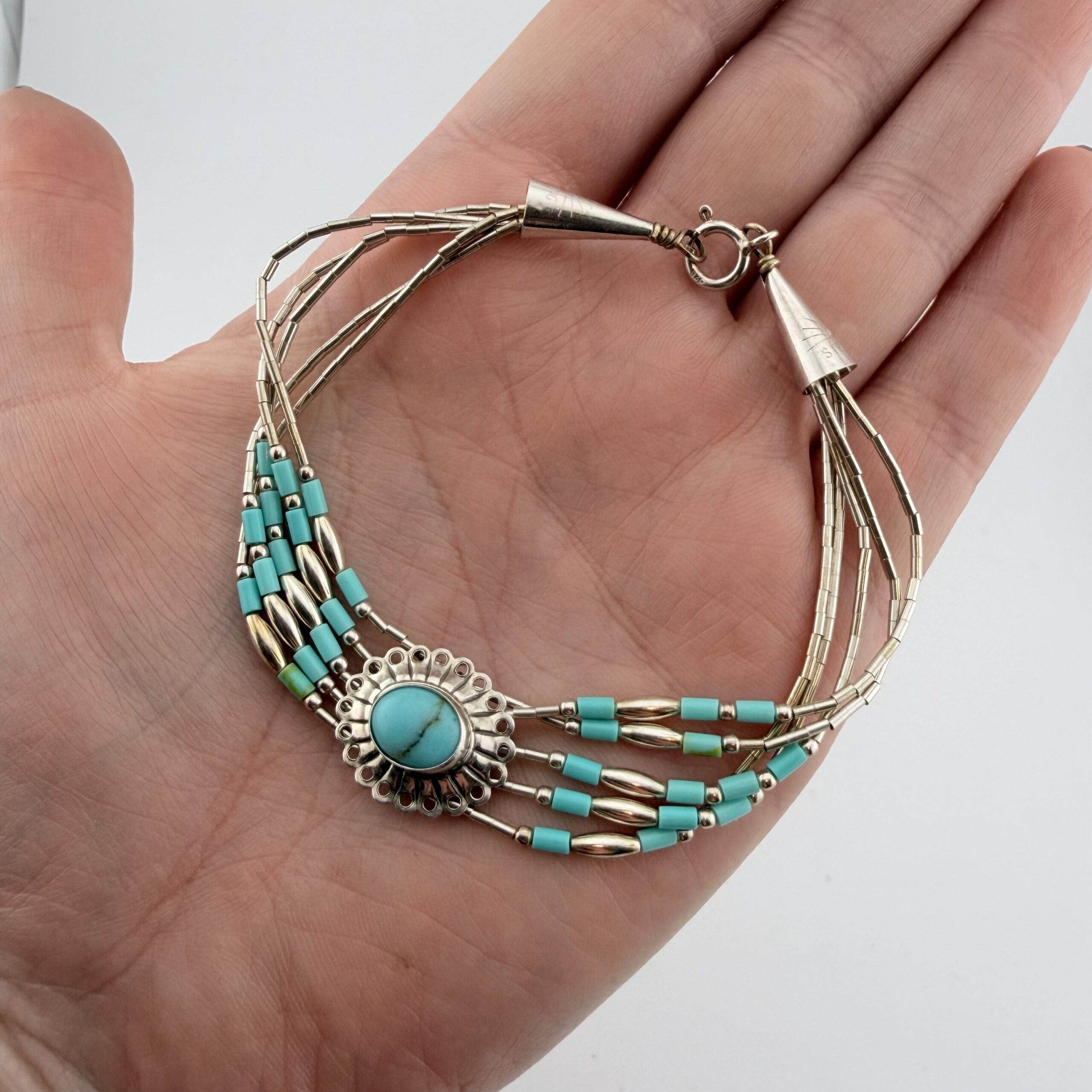 Native American Liquid Sterling Silver and Turquoise Concho Bracelet - Image 2