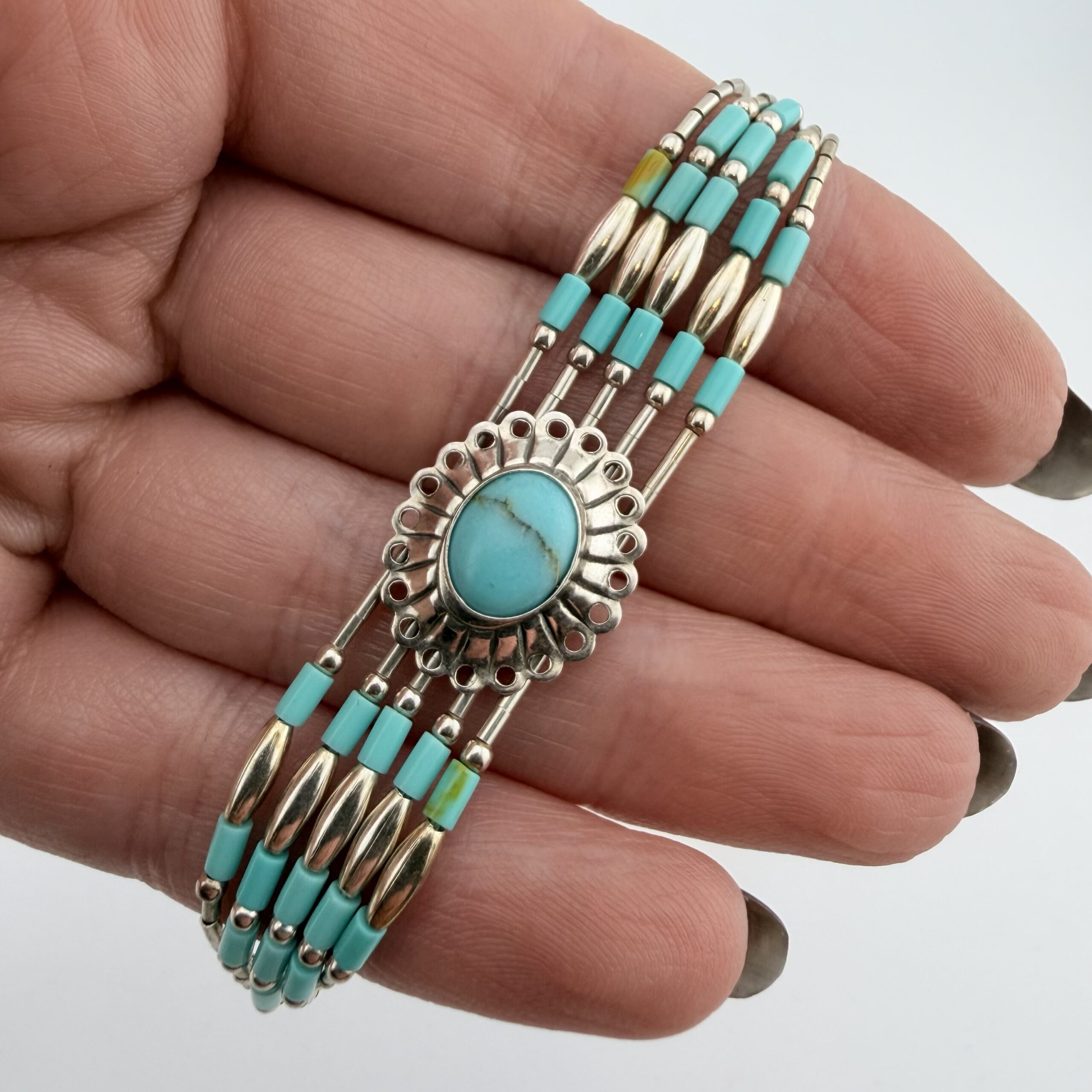 Native American Liquid Sterling Silver and Turquoise Concho Bracelet