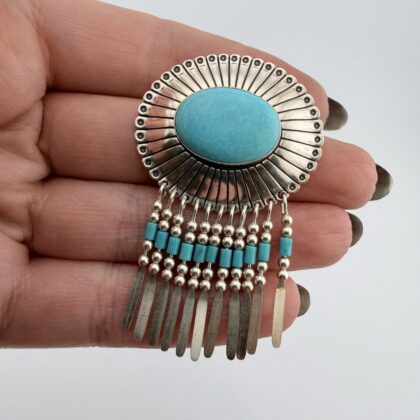 Native American Quoc Turquoise and Sterling Silver Concho Pendant / Brooch