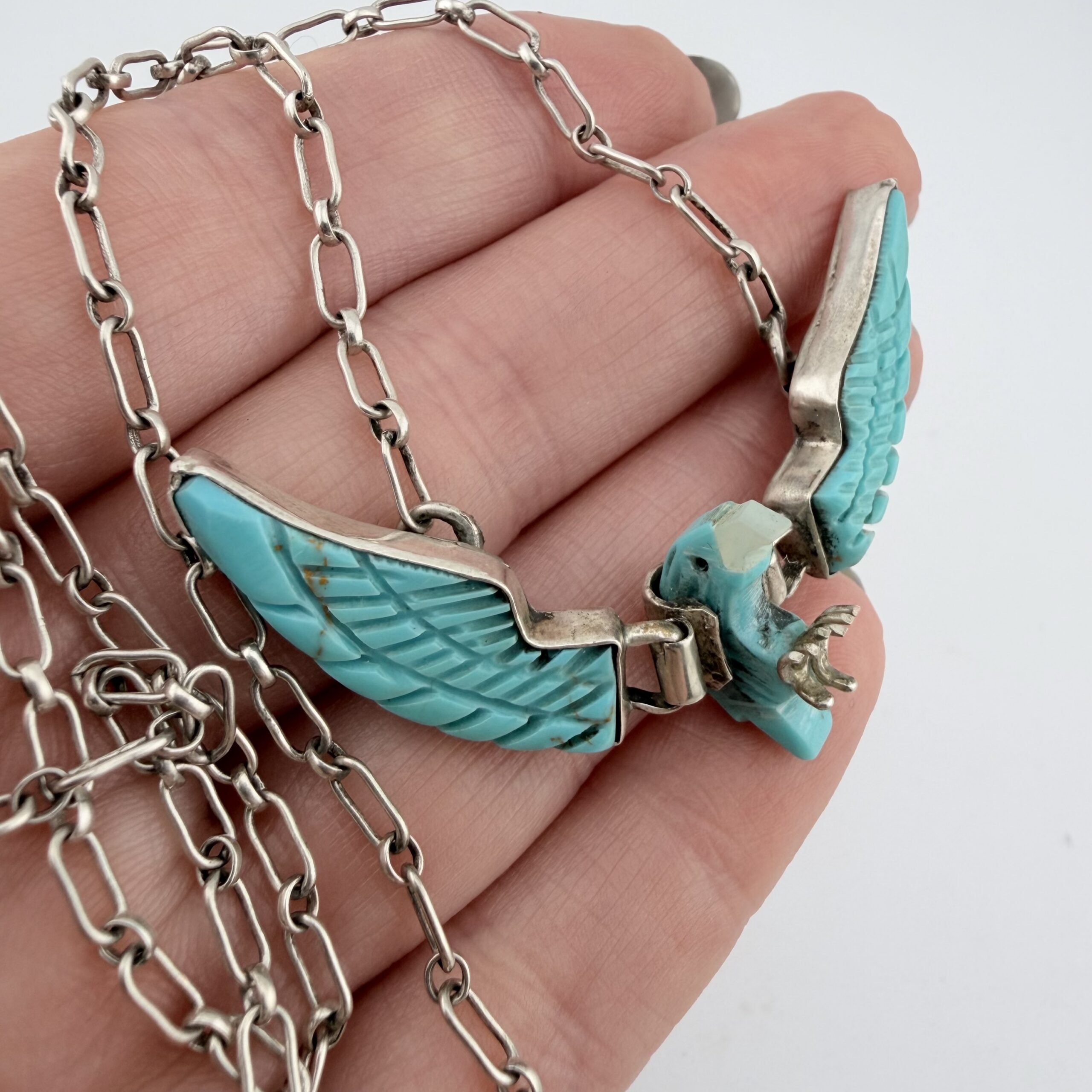 Vintage Ben Livingston Native American Sterling Silver and Turquoise Eagle Necklace