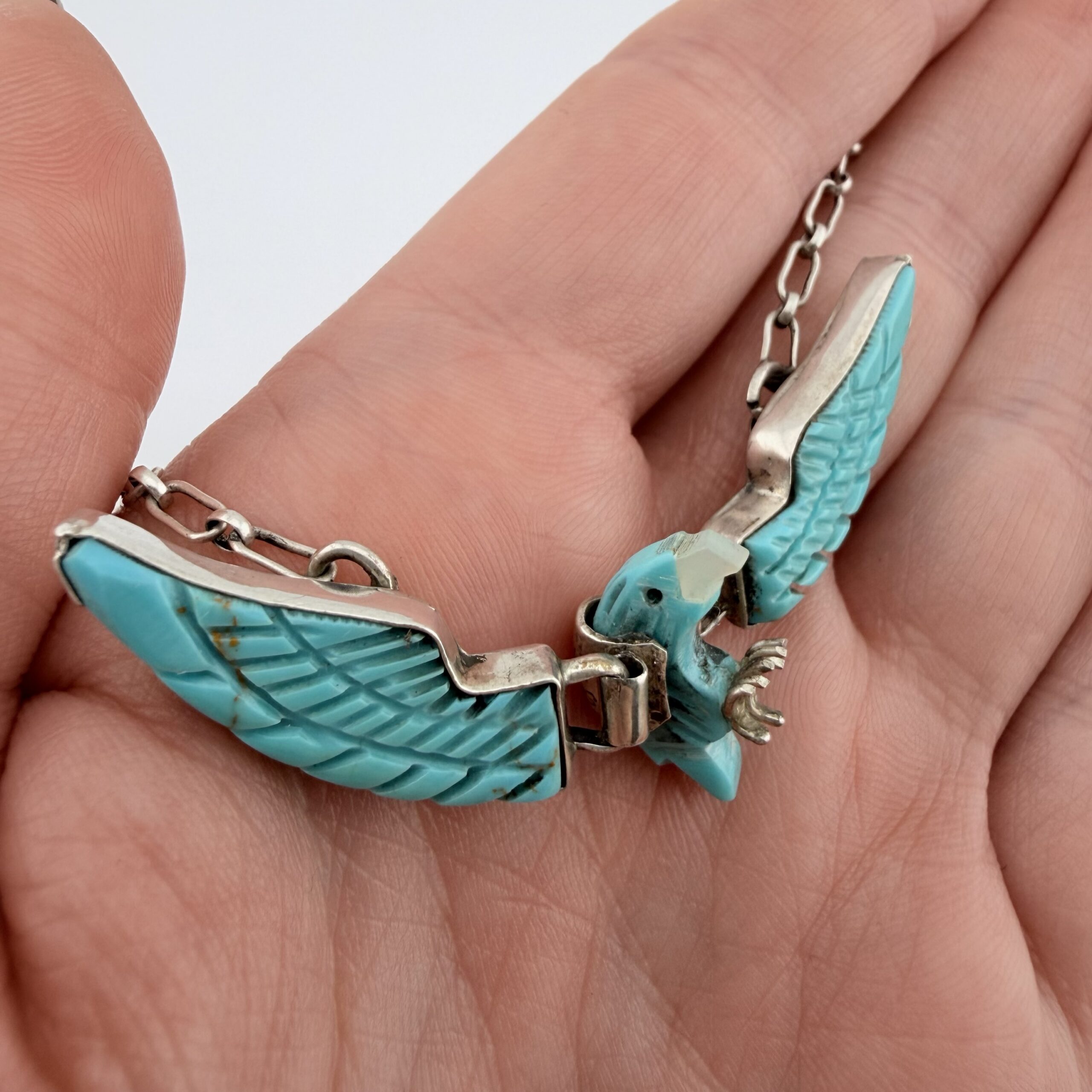 Vintage Ben Livingston Native American Sterling Silver and Turquoise Eagle Necklace - Image 2