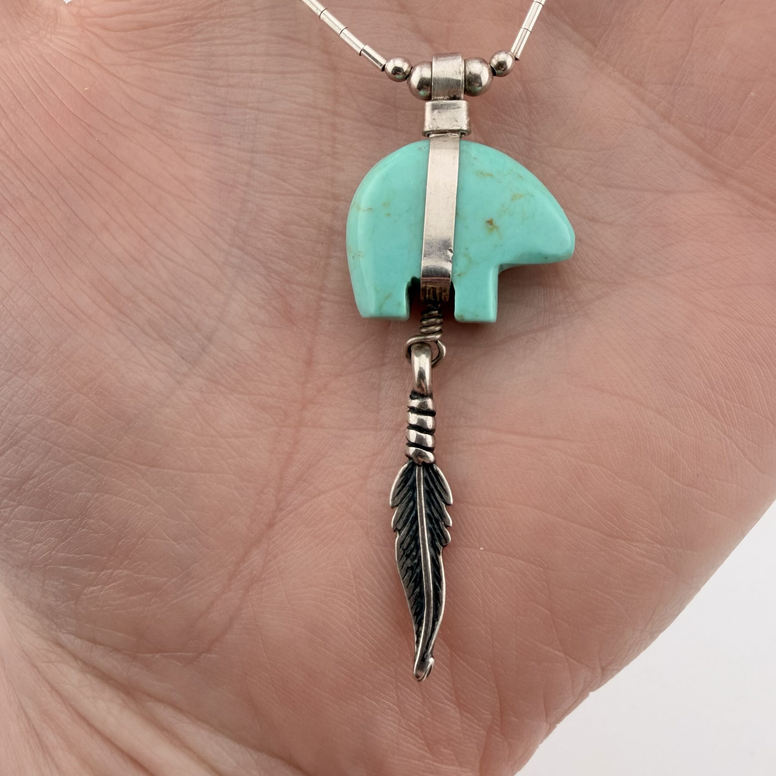 Native American Liquid Sterling Silver and Turquoise Bear Necklace - Image 2