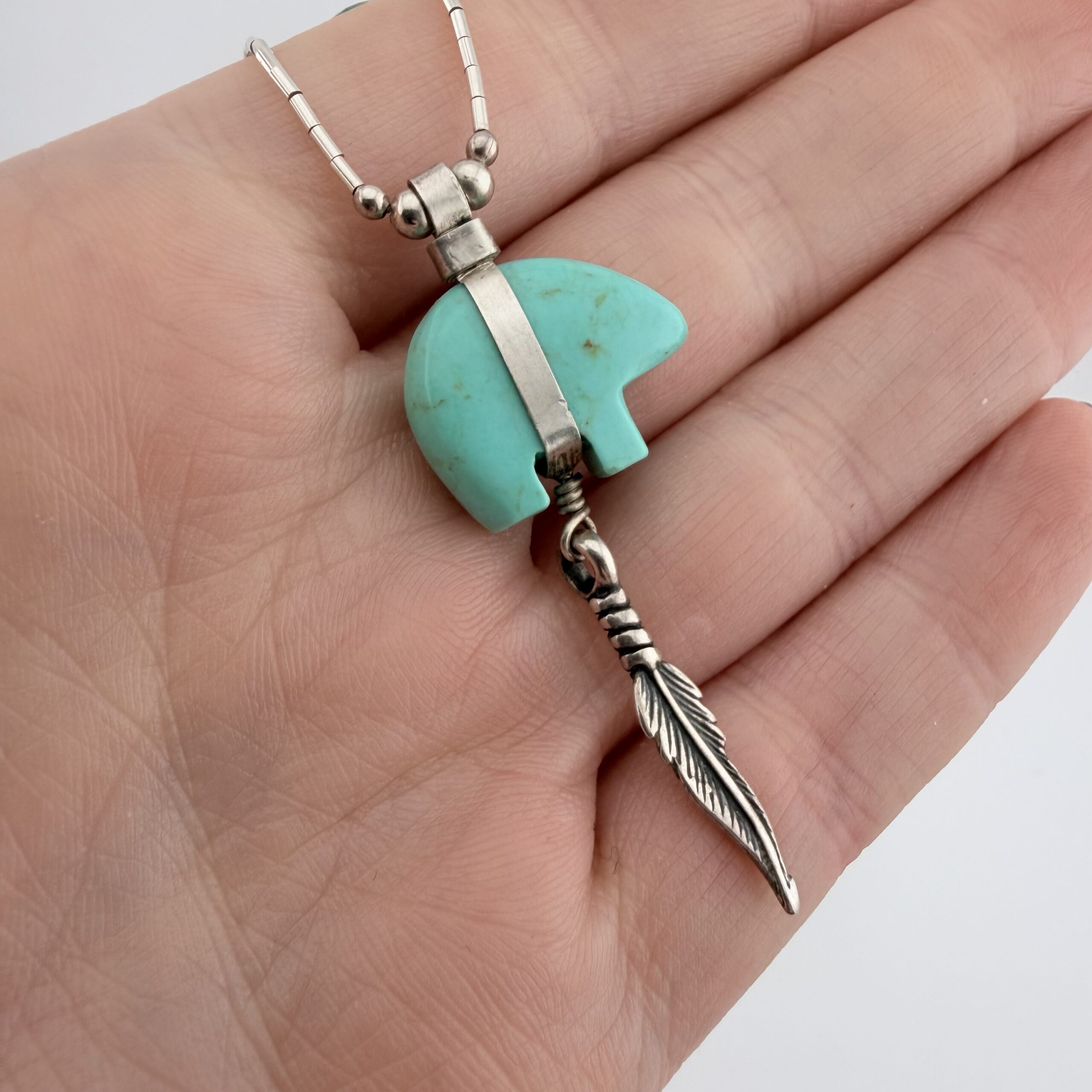 Native American Liquid Sterling Silver and Turquoise Bear Necklace - Image 3
