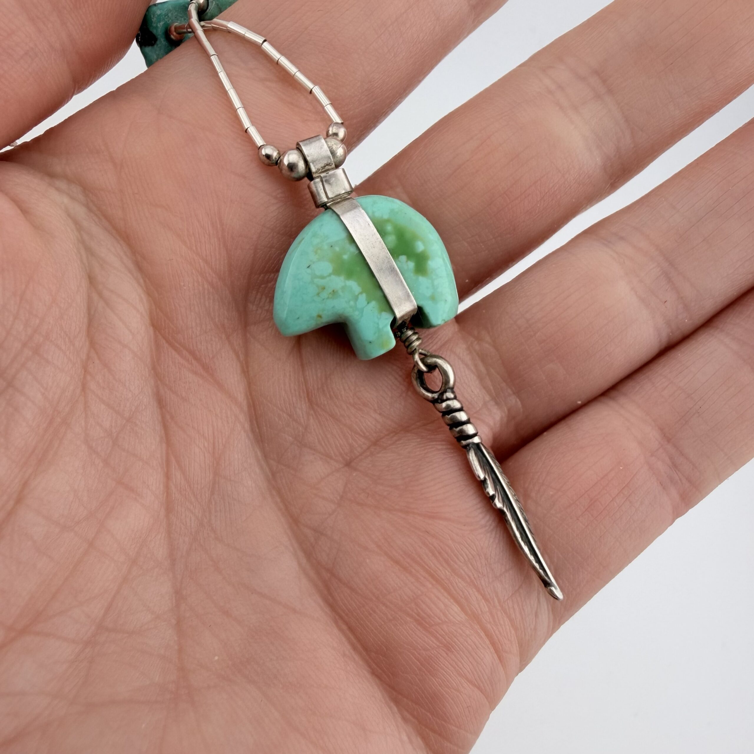 Native American Liquid Sterling Silver and Turquoise Bear Necklace - Image 4