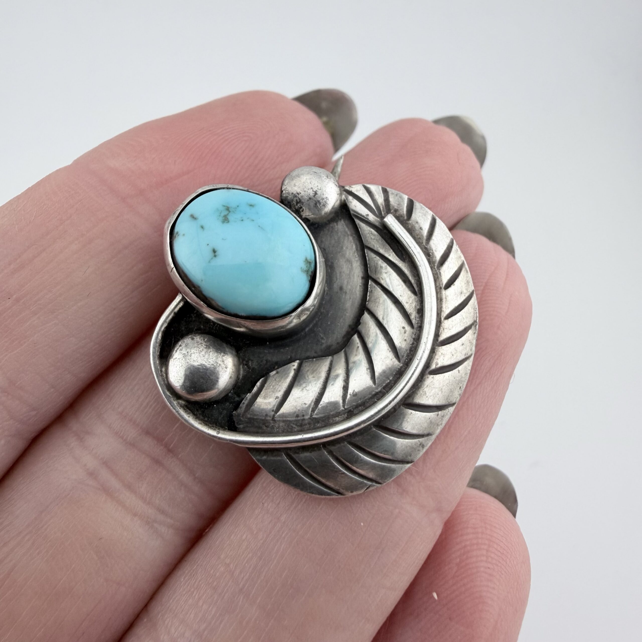 Vintage Native American Sterling Silver and Turquoise Feather Brooch