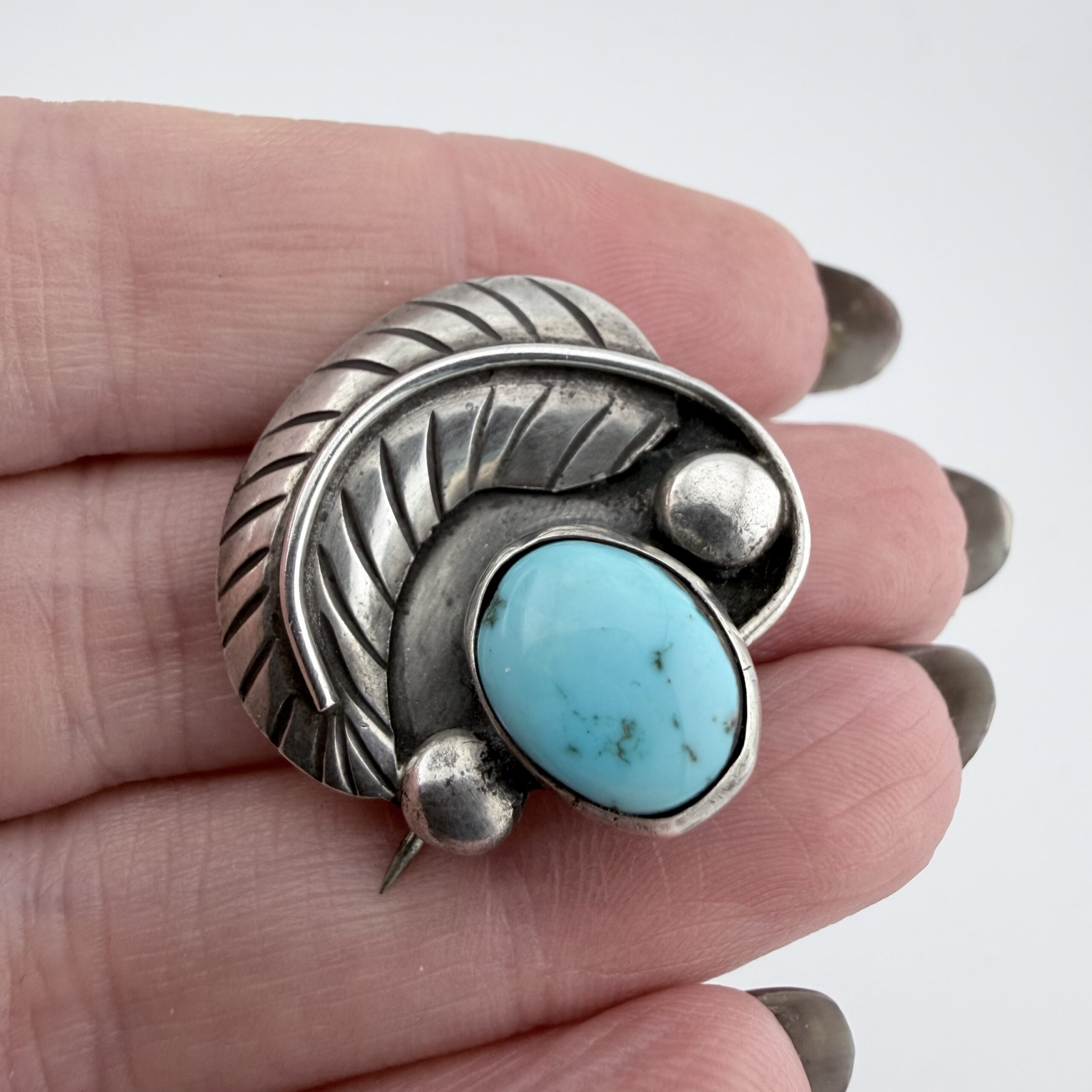 Vintage Native American Sterling Silver and Turquoise Feather Brooch - Image 2