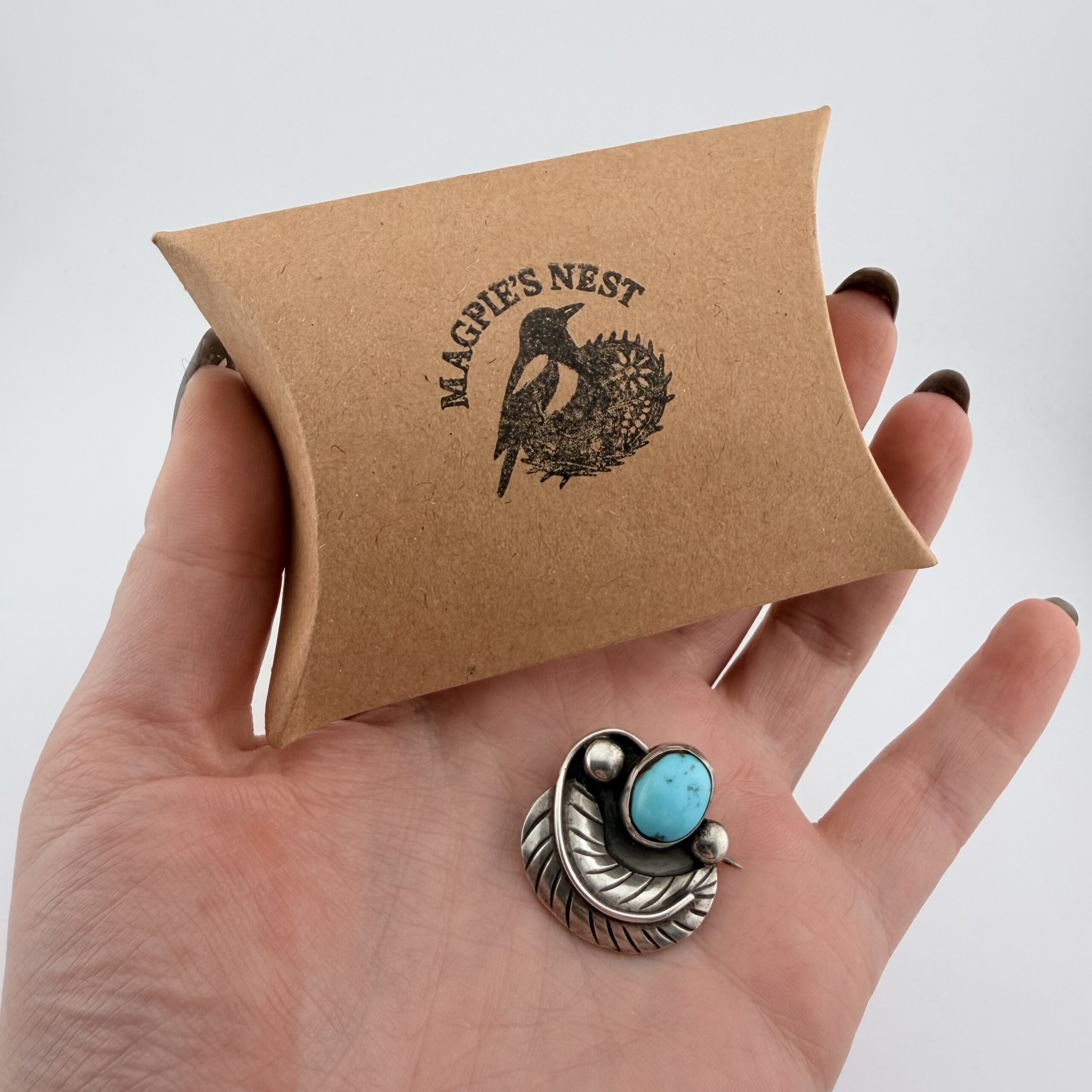Vintage Native American Sterling Silver and Turquoise Feather Brooch - Image 5