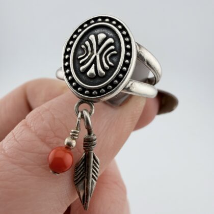 Vintage Native American Quoc Sterling Silver and Coral Charm Ring