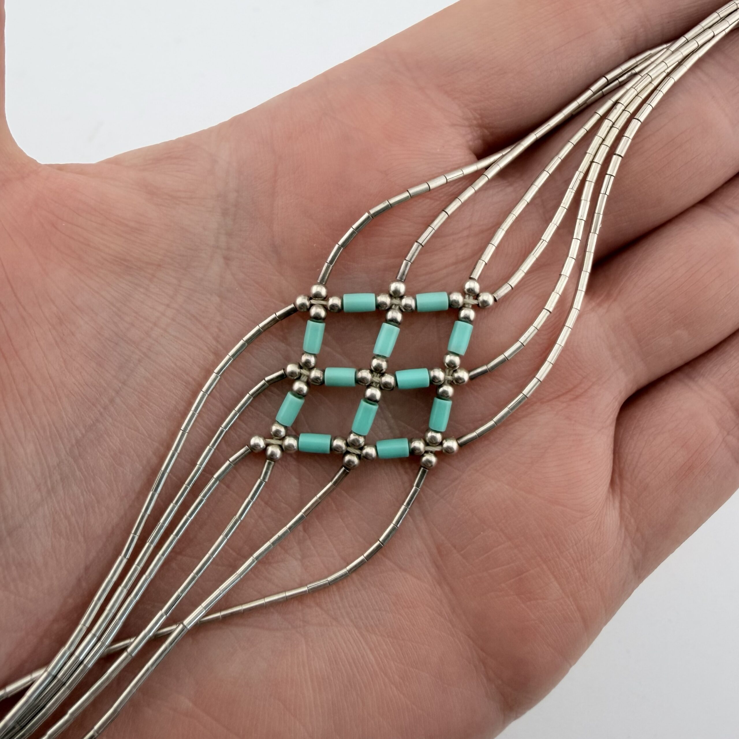 Native American Liquid Sterling Silver and Turquoise Lattice Bracelet - Image 2