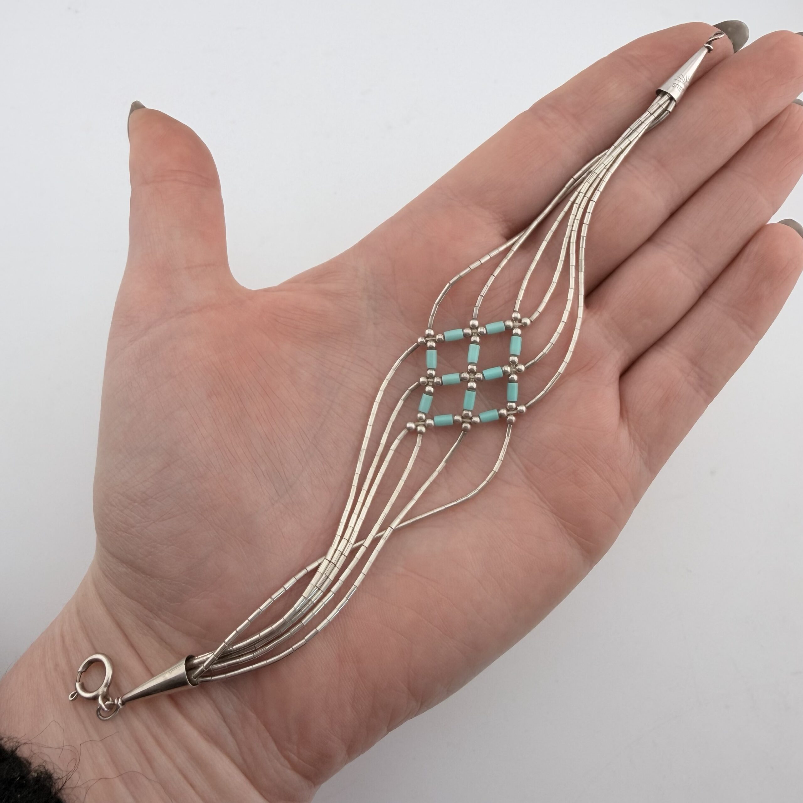 Native American Liquid Sterling Silver and Turquoise Lattice Bracelet - Image 3