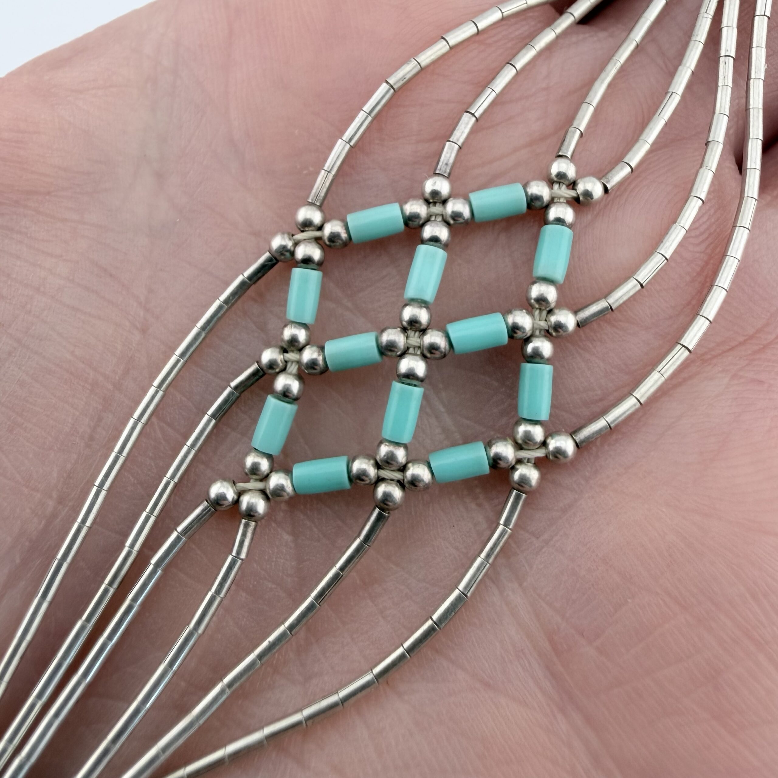 Native American Liquid Sterling Silver and Turquoise Lattice Bracelet - Image 4