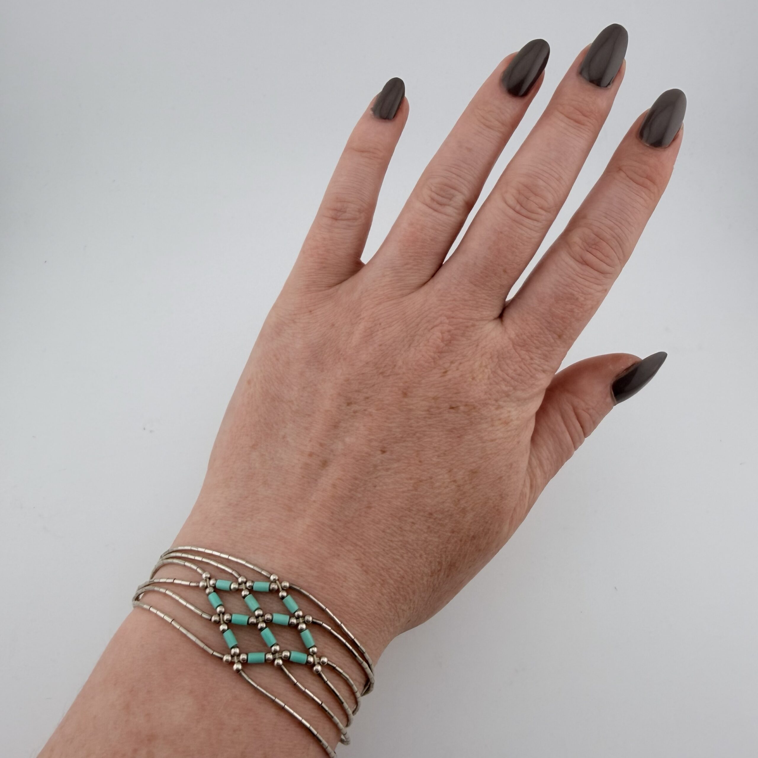 Native American Liquid Sterling Silver and Turquoise Lattice Bracelet - Image 5