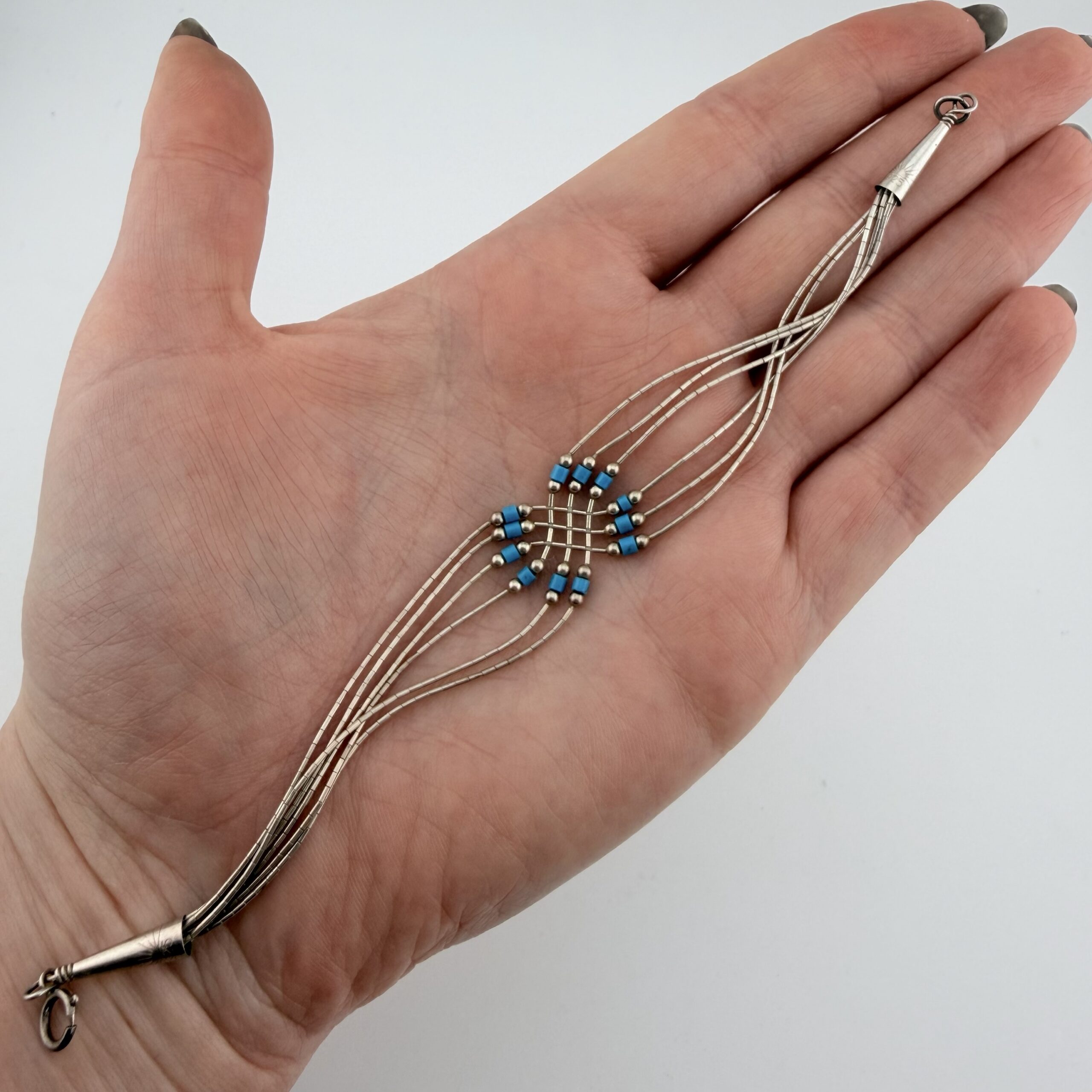 Native American Liquid Sterling Silver and Turquoise Lattice Bracelet - Image 2