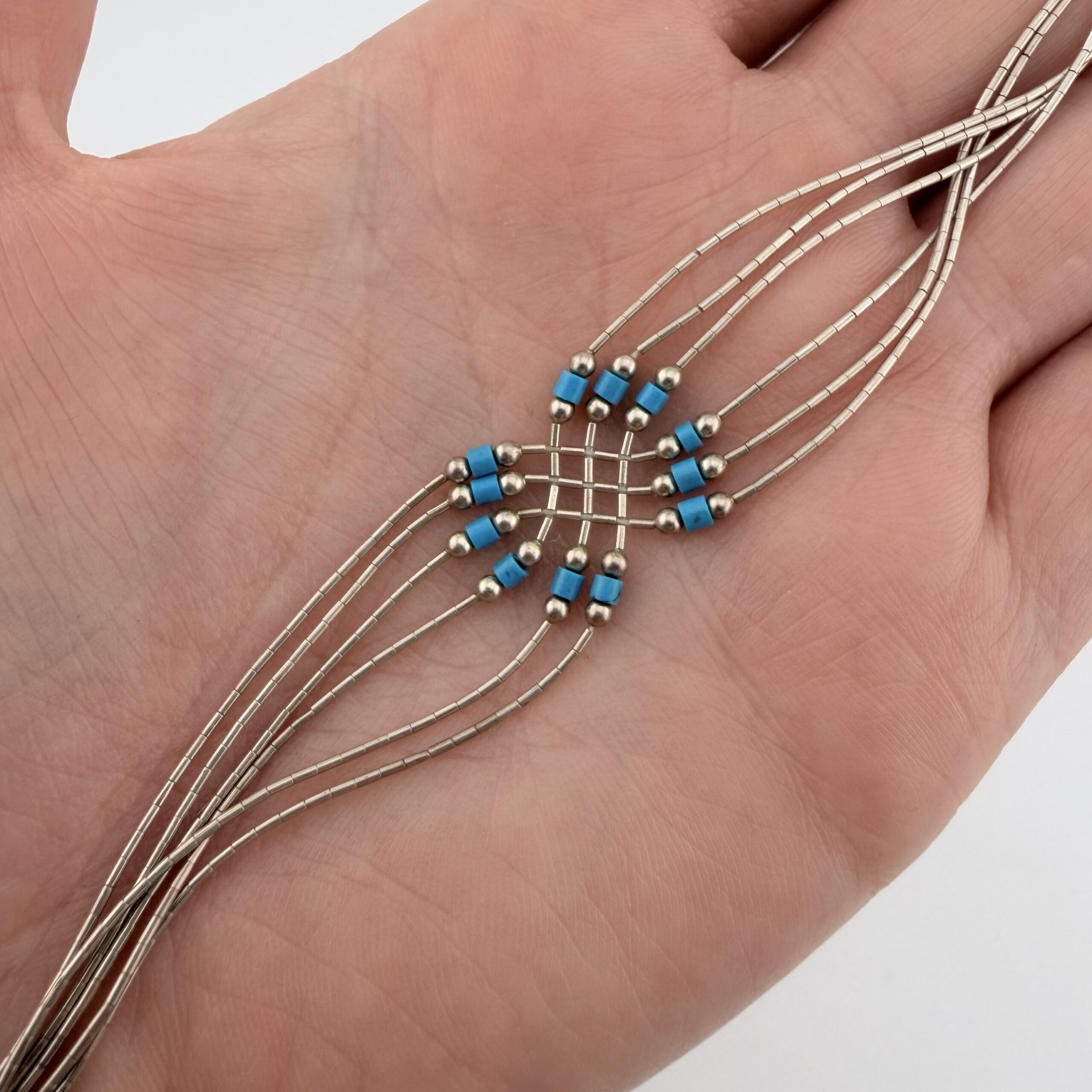 Native American Liquid Sterling Silver and Turquoise Lattice Bracelet - Image 3