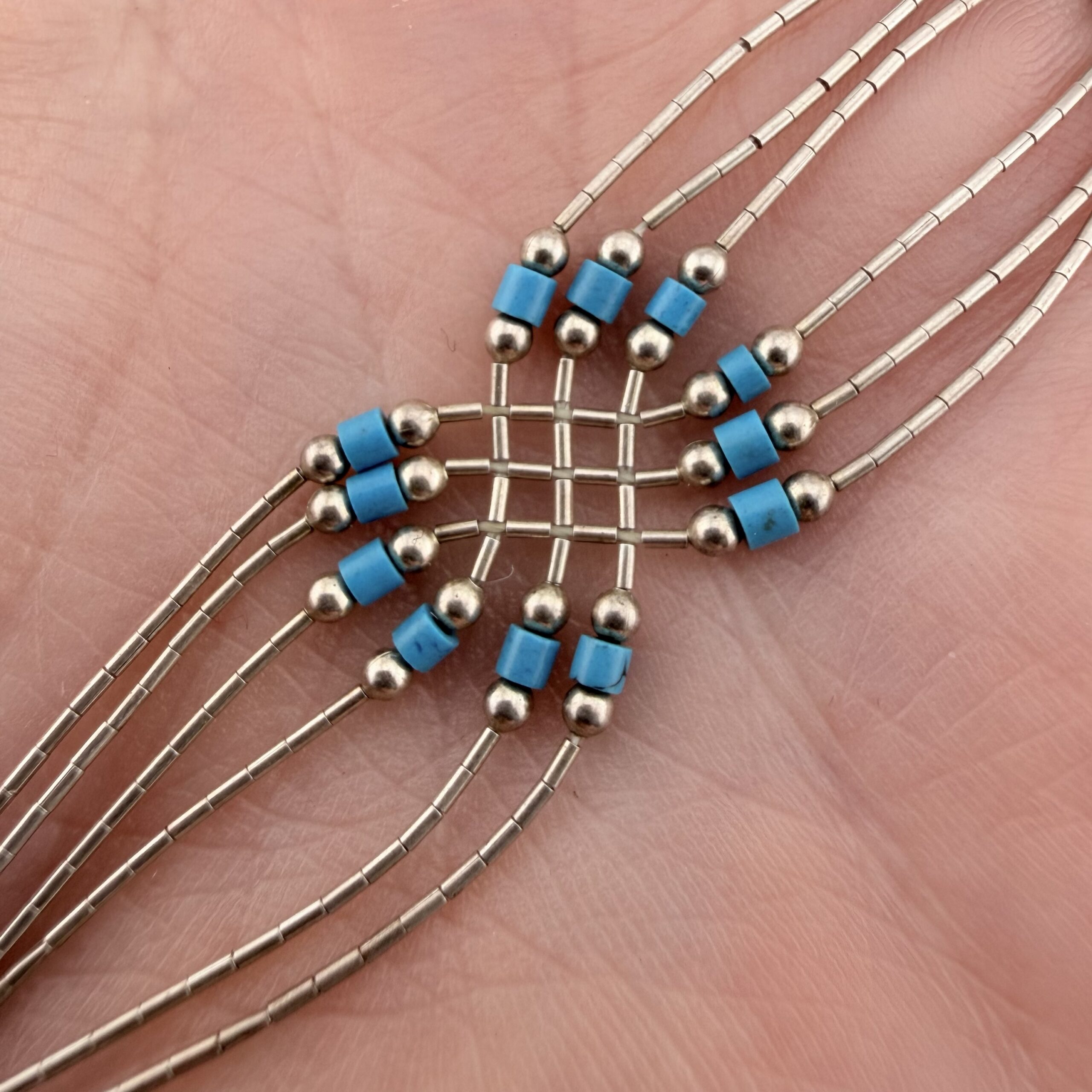 Native American Liquid Sterling Silver and Turquoise Lattice Bracelet - Image 4