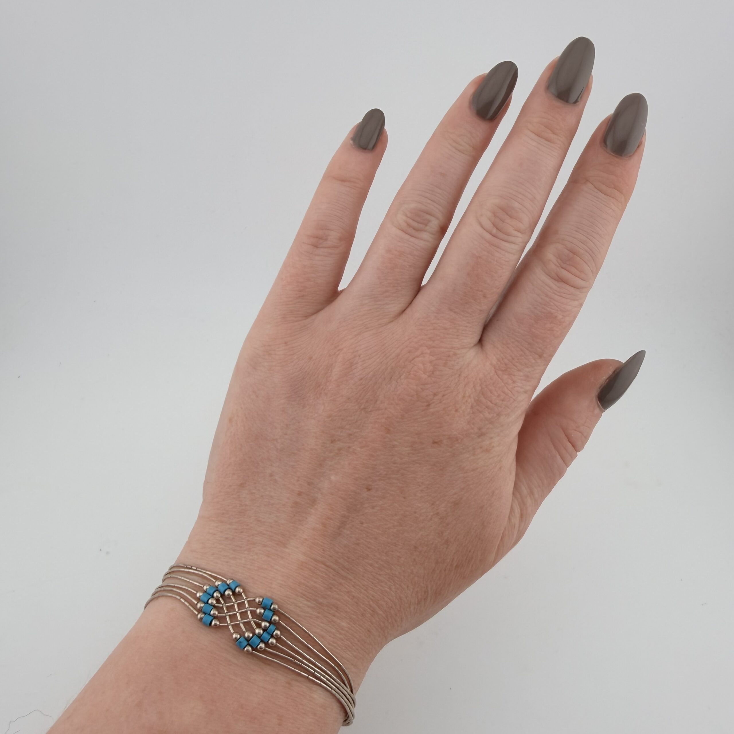 Native American Liquid Sterling Silver and Turquoise Lattice Bracelet - Image 5