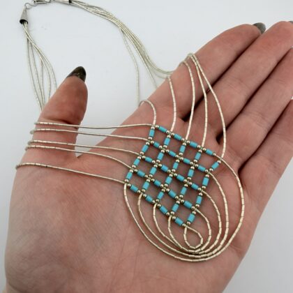Vintage Native American Liquid Sterling Silver and Turquoise Lattice Necklace