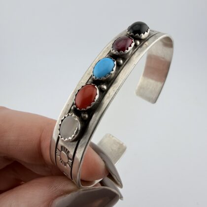 Vintage Native American Sterling Silver and Mixed Gemstone Zia Cuff Bracelet