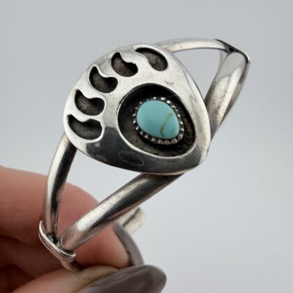 Vintage Native American Sterling Silver and Turquoise Bear Paw Cuff Bangle