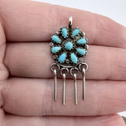 Vintage Sam Poblano Native American Sterling Silver and Turquoise Flower Pendant