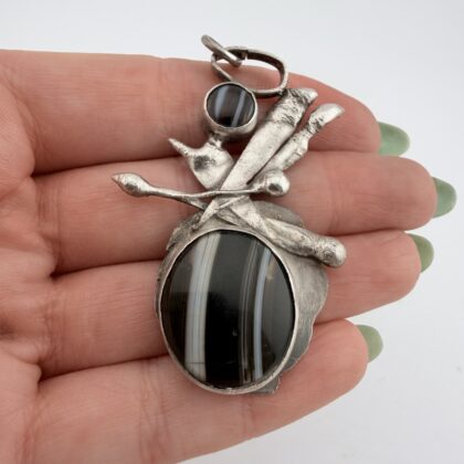 Vintage 1990s Artisan Sterling Silver and Banded Agate Pendant