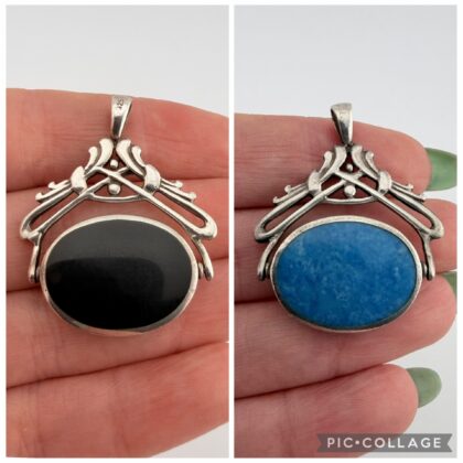 Vintage Sterling Silver, Onyx and Agate Spinning Fob Pendant