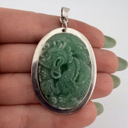 Large Vintage Sterling Silver and Carved Jade Dragon Pendant