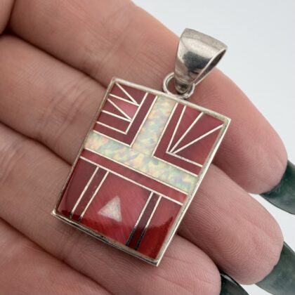 Native American Sterling Silver, Coral and Opal Pendant