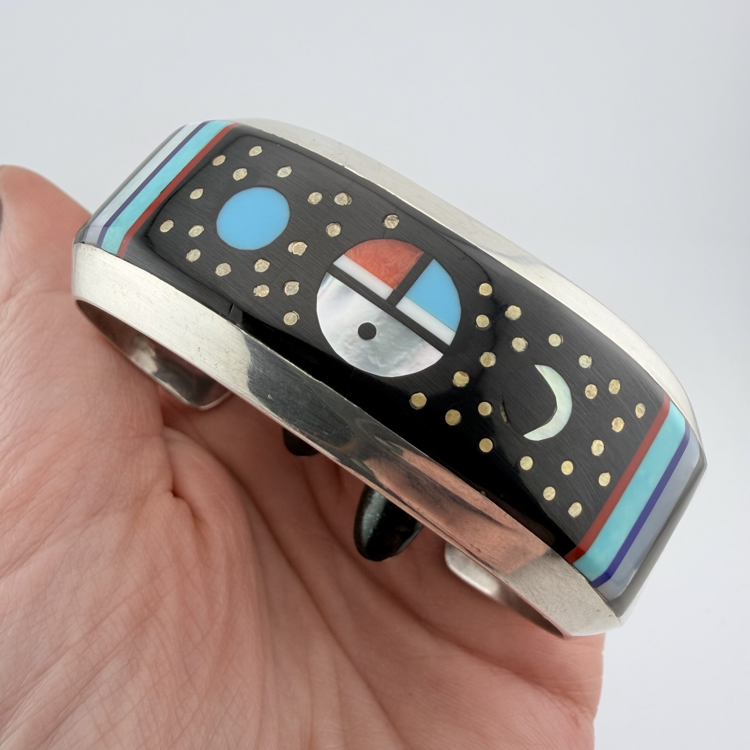 Vintage Willie Shaw Native American Sterling Silver Celestial Inlay Cuff Bracelet
