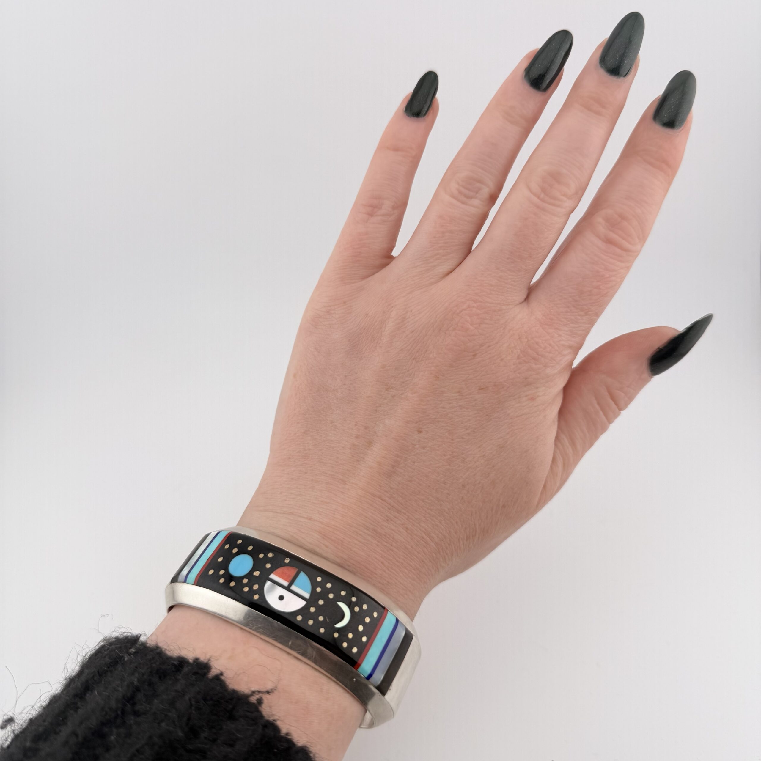 Vintage Willie Shaw Native American Sterling Silver Celestial Inlay Cuff Bracelet - Image 11
