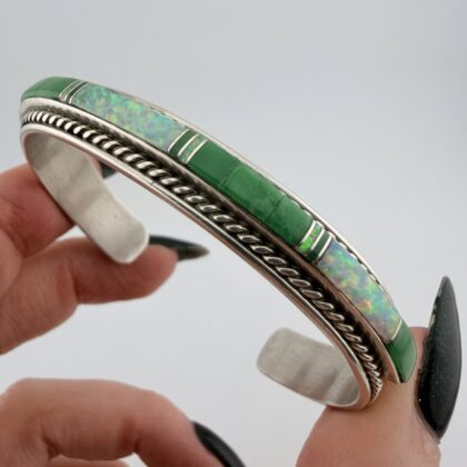 Vintage Native American Bobby Johnson Sterling Silver Inlay Cuff Bracelet