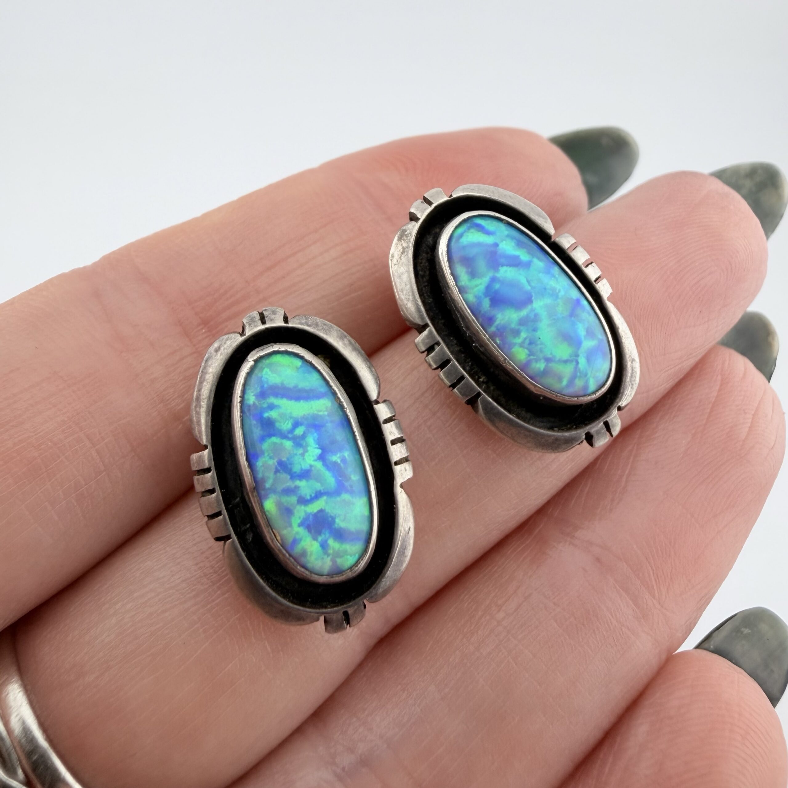 Vintage Michael Nez Native American Sterling Silver and Opal Earrings
