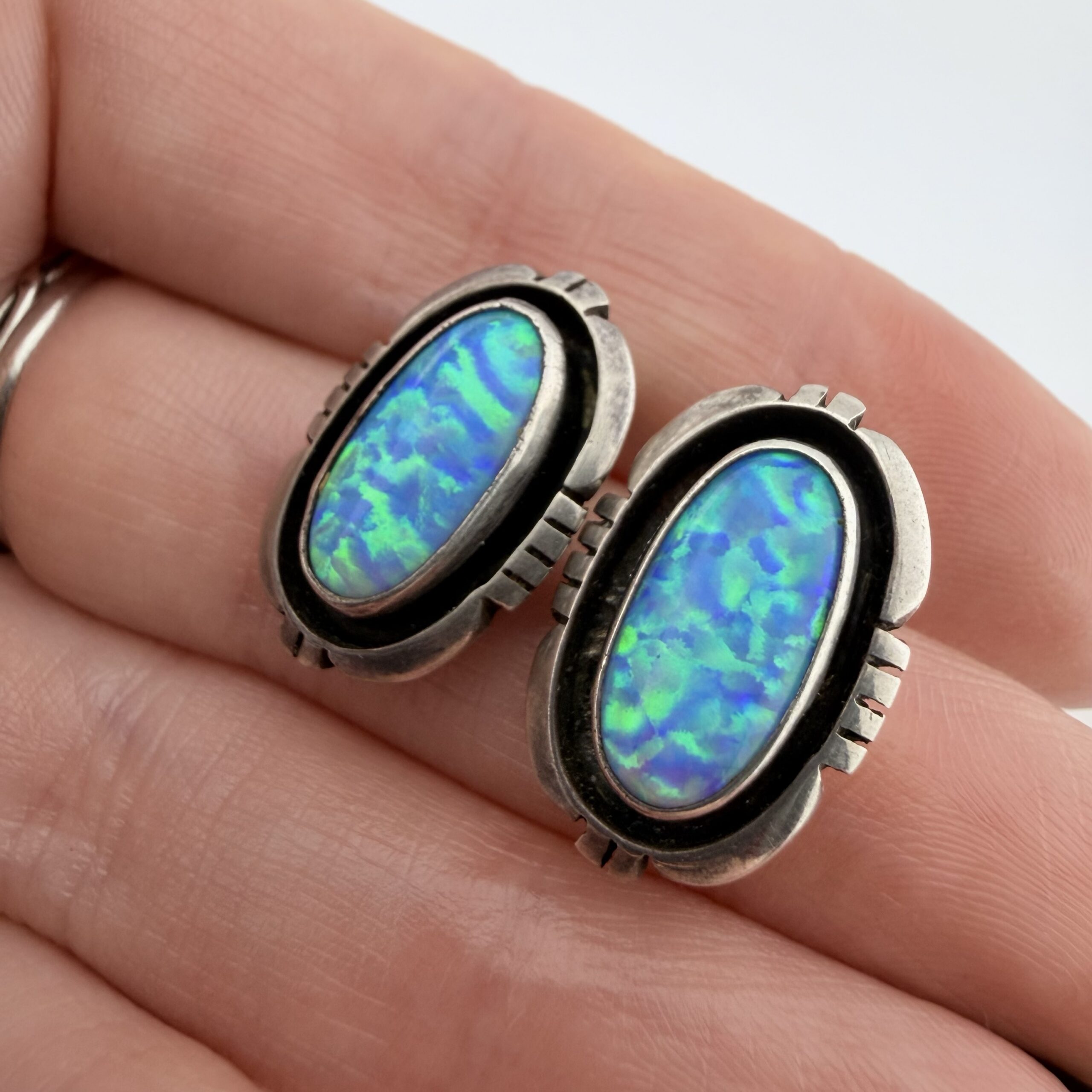 Vintage Michael Nez Native American Sterling Silver and Opal Earrings - Image 2